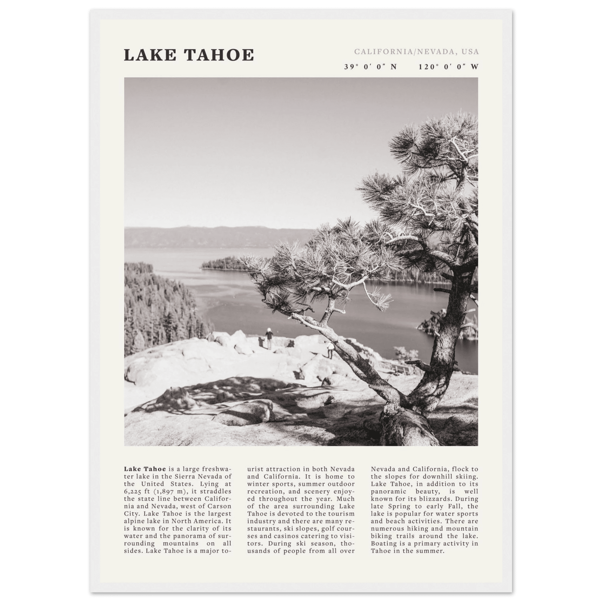 Lake Tahoe Poster | Black & White California Nevada Wall Art | Nature Travel Print Decor - Evergreen Posters