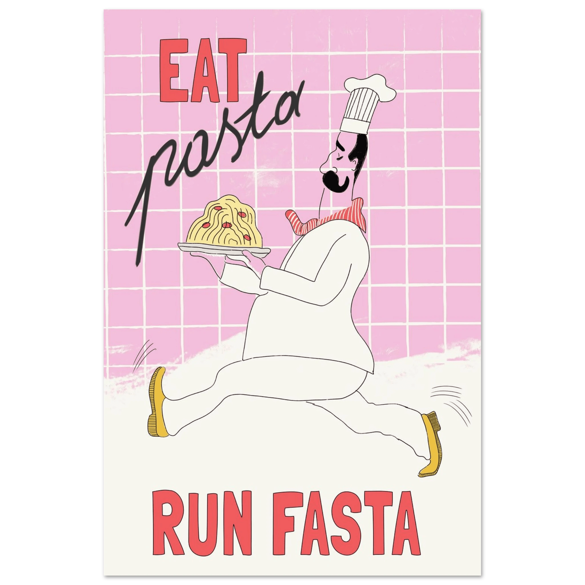Eat Pasta Run Fasta Poster – Playful Kitchen Wall Art Print (Light Pink) - Evergreen Posters