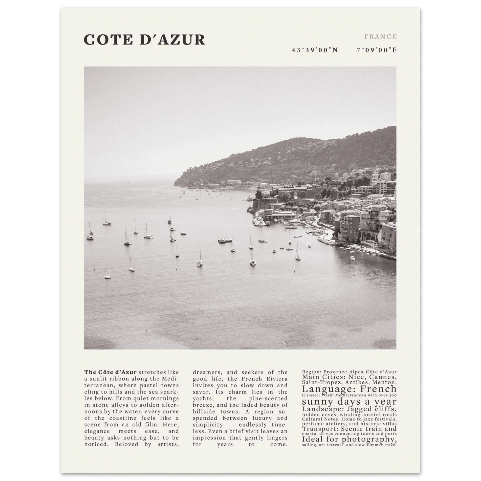 Côte d'Azur Poster Black and White – Vintage French Riviera Coast Print (Digital & Printed Options) - Evergreen Posters