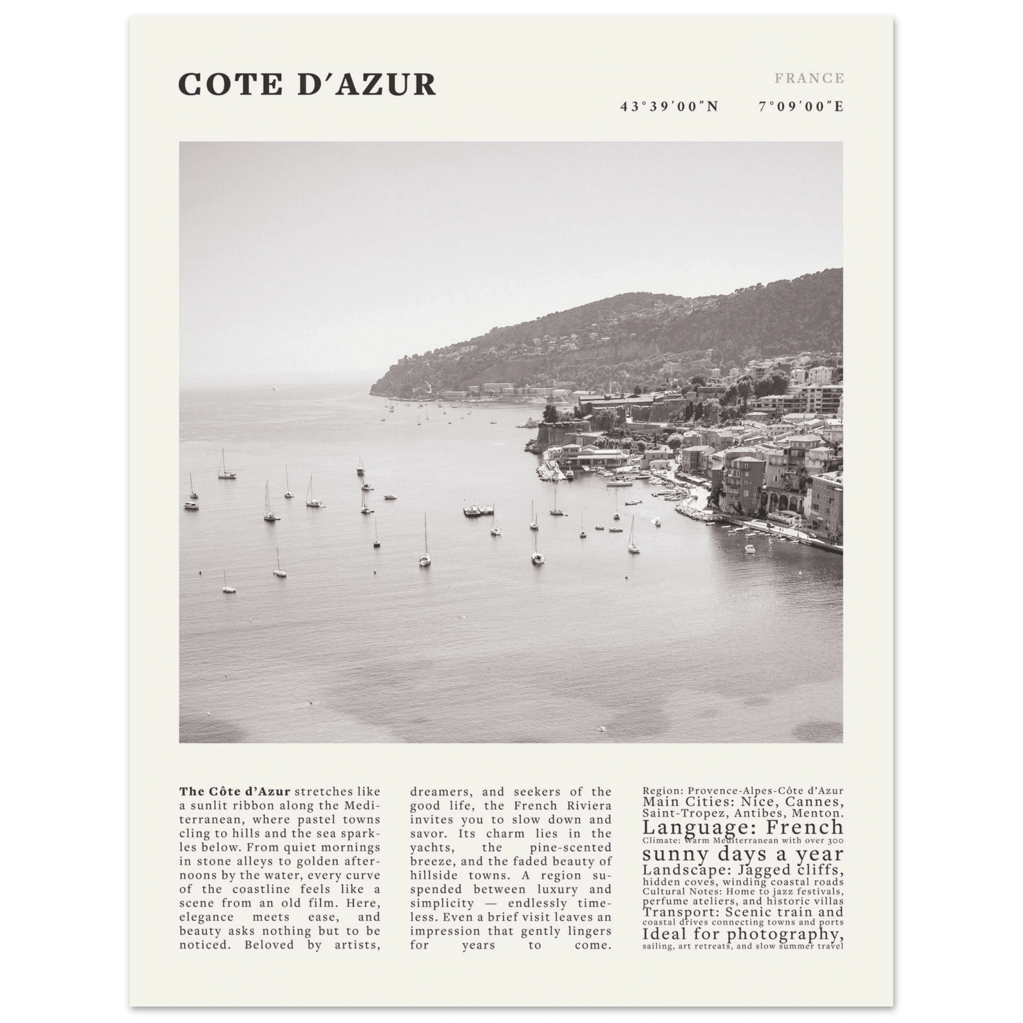 Côte d'Azur Poster Black and White – Vintage French Riviera Coast Print (Digital & Printed Options) - Evergreen Posters