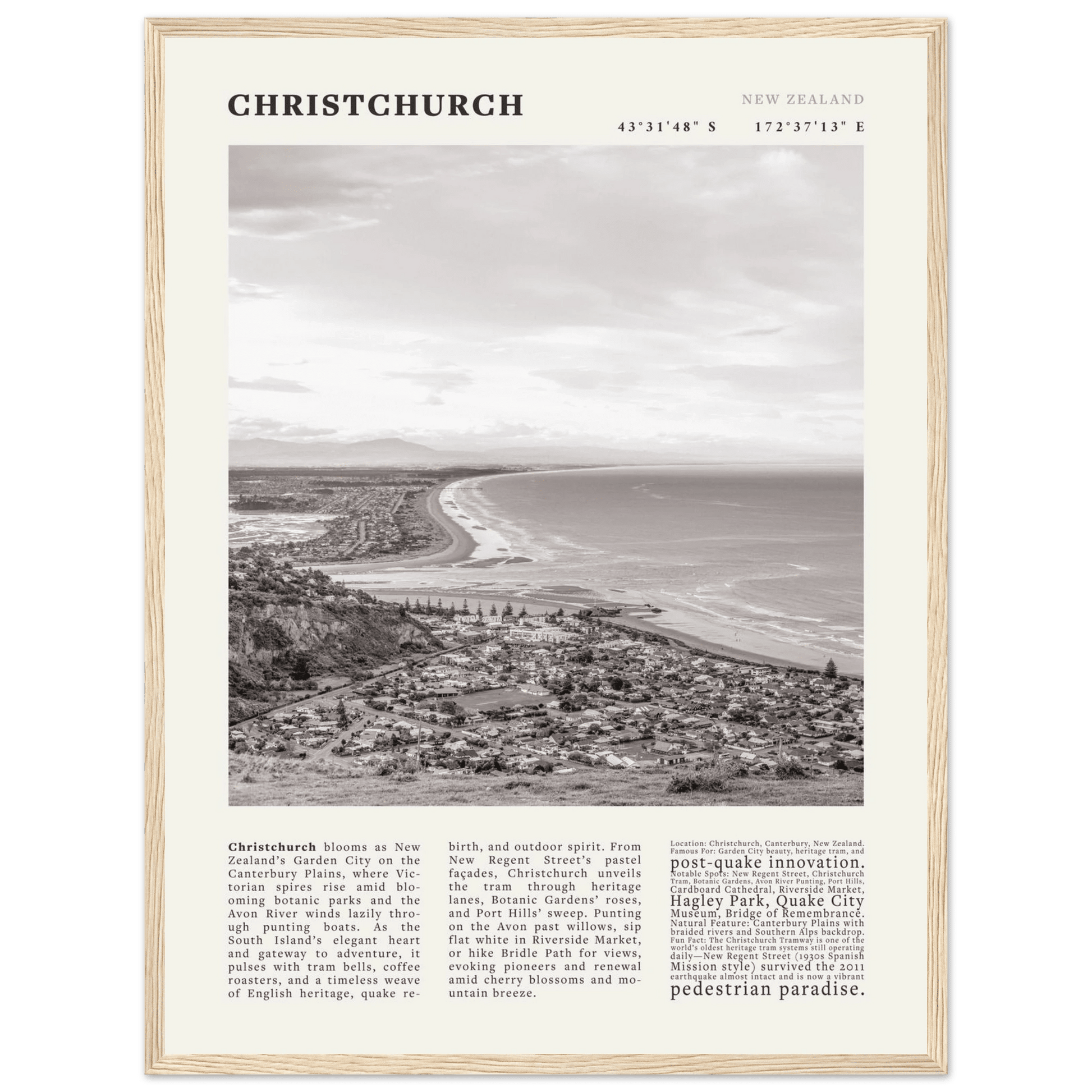 Christchurch New Zealand Poster Black and White – Vintage Garden City Panorama Print - Evergreen Posters