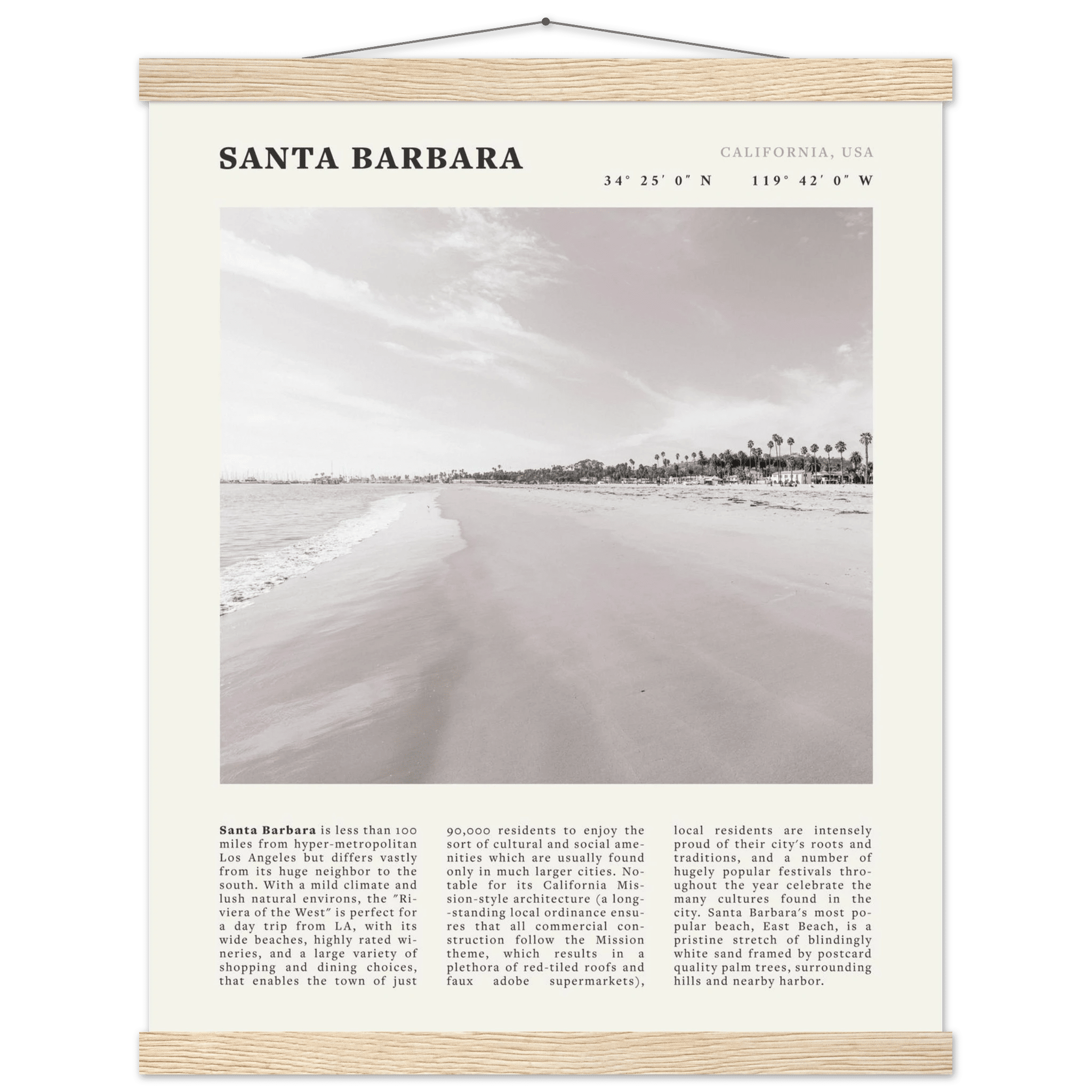 Santa Barbara Poster | Black & White California Beach Wall Art | CA Travel Print - Evergreen Posters