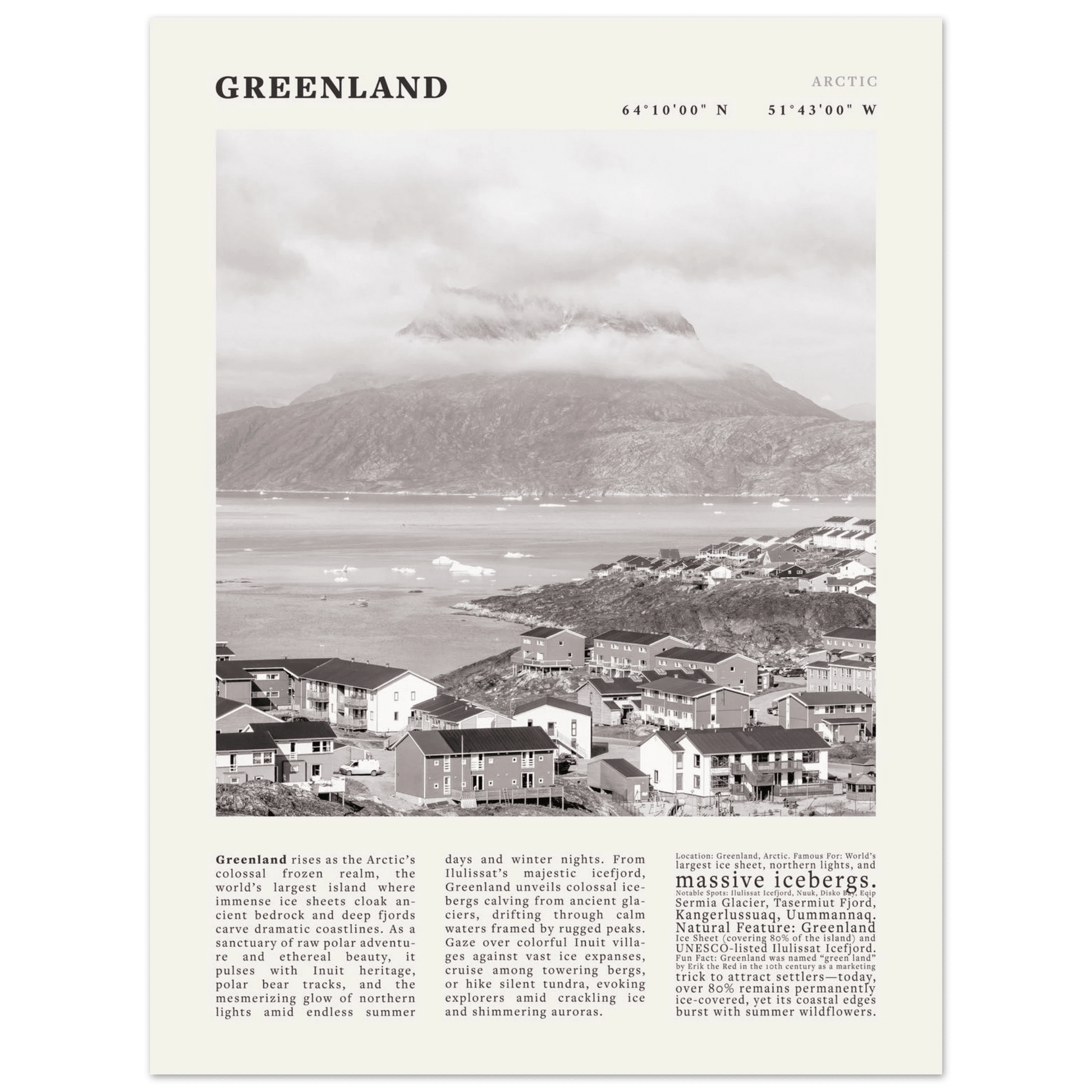 Greenland Poster Black and White – Vintage Arctic Fjord Landscape Print (Digital & Printed Options) - Evergreen Posters