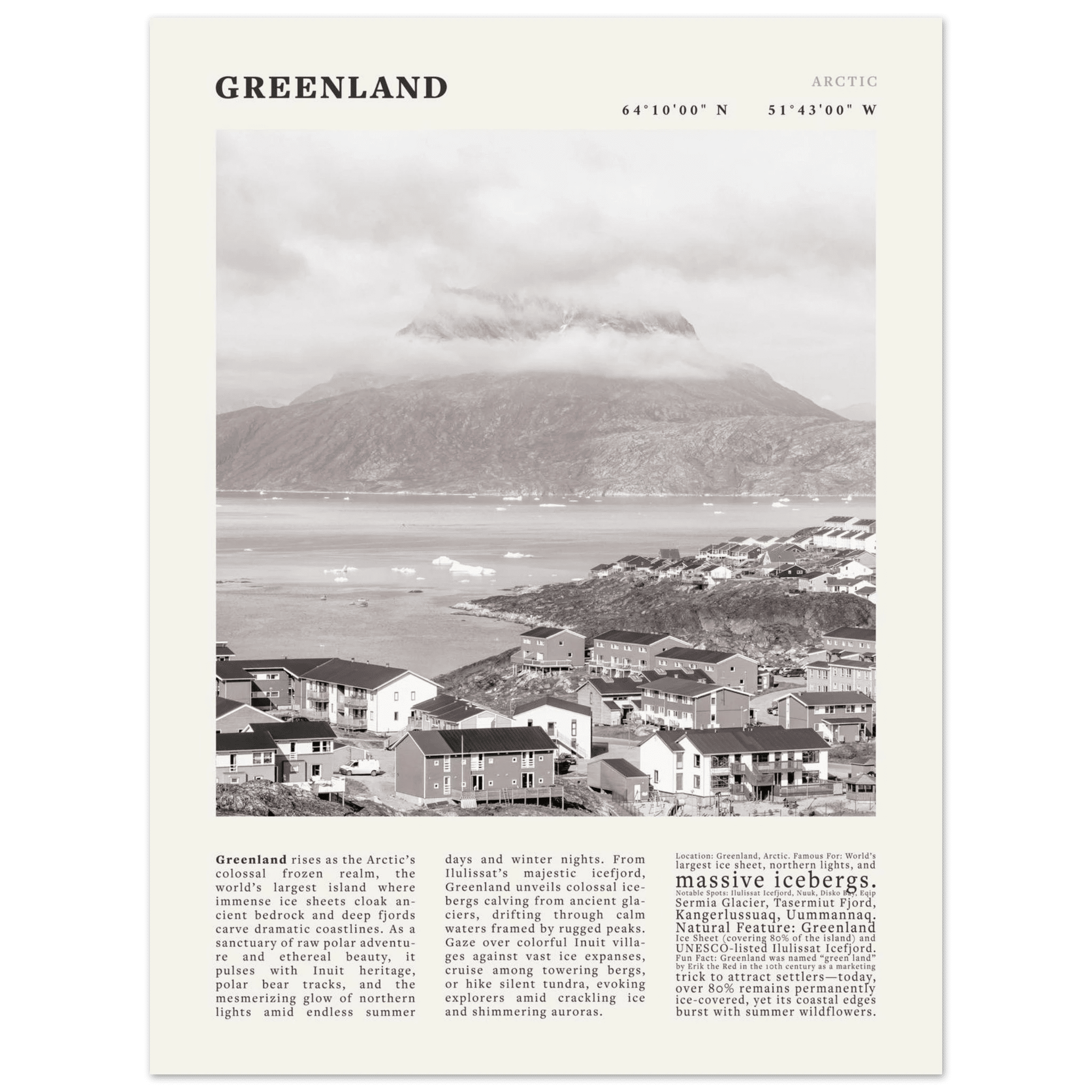 Greenland Poster Black and White – Vintage Arctic Fjord Landscape Print (Digital & Printed Options) - Evergreen Posters
