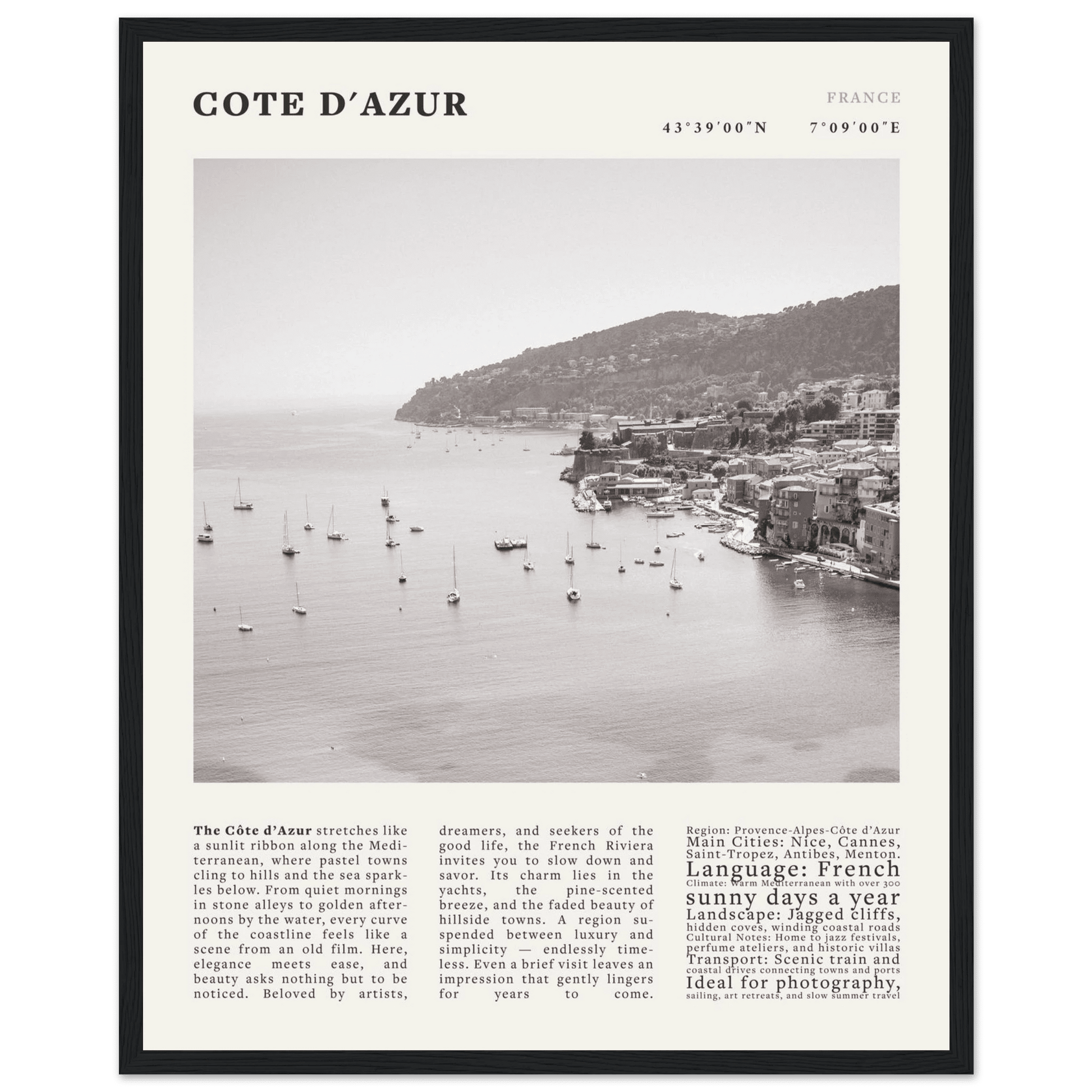 Côte d'Azur Poster Black and White – Vintage French Riviera Coast Print (Digital & Printed Options) - Evergreen Posters