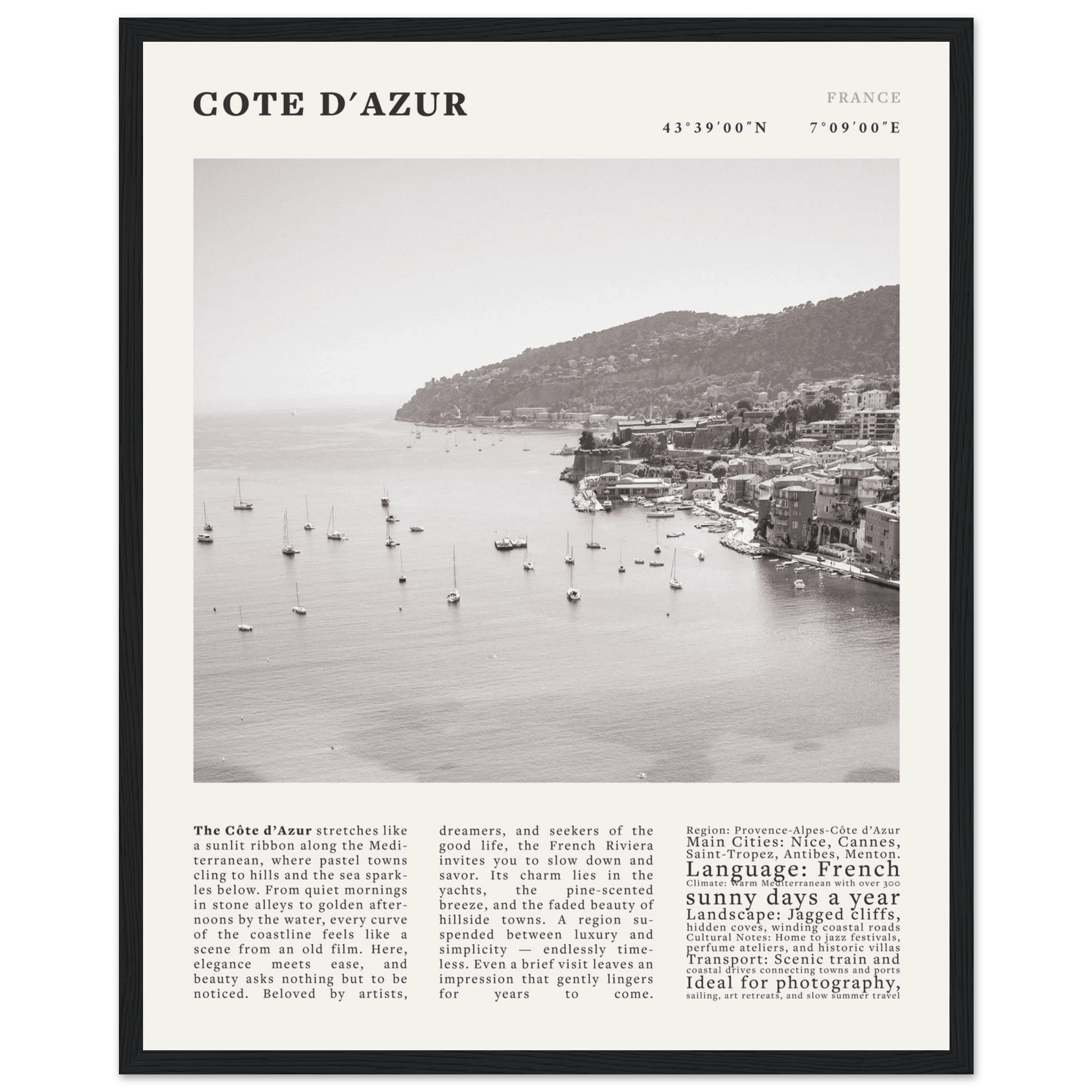 Côte d'Azur Poster Black and White – Vintage French Riviera Coast Print (Digital & Printed Options) - Evergreen Posters
