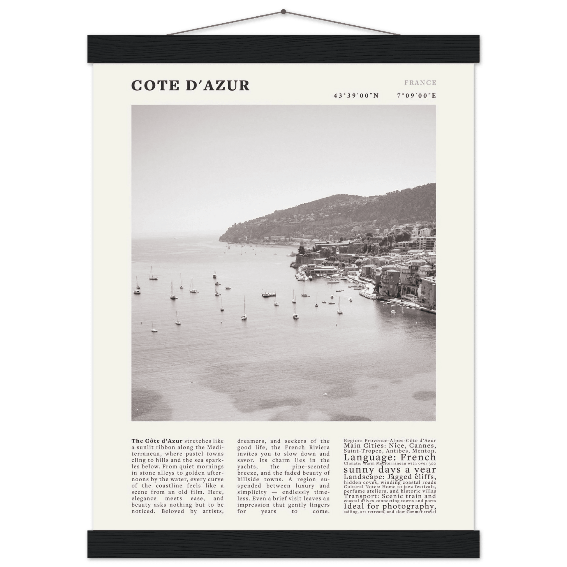 Côte d'Azur Poster Black and White – Vintage French Riviera Coast Print (Digital & Printed Options) - Evergreen Posters