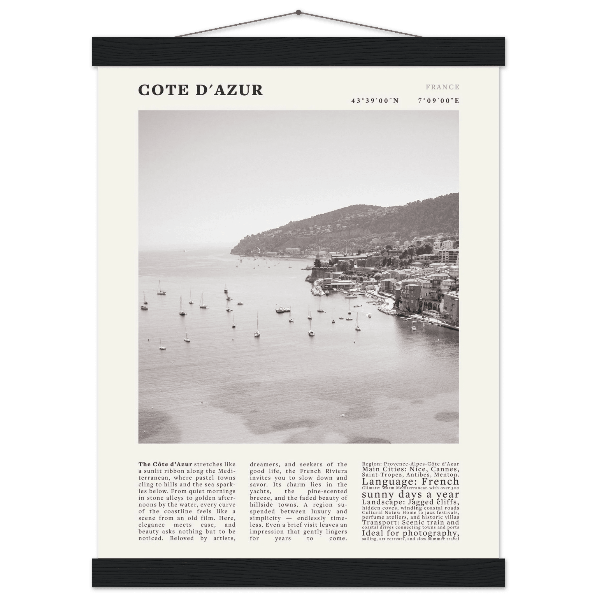 Côte d'Azur Poster Black and White – Vintage French Riviera Coast Print (Digital & Printed Options) - Evergreen Posters