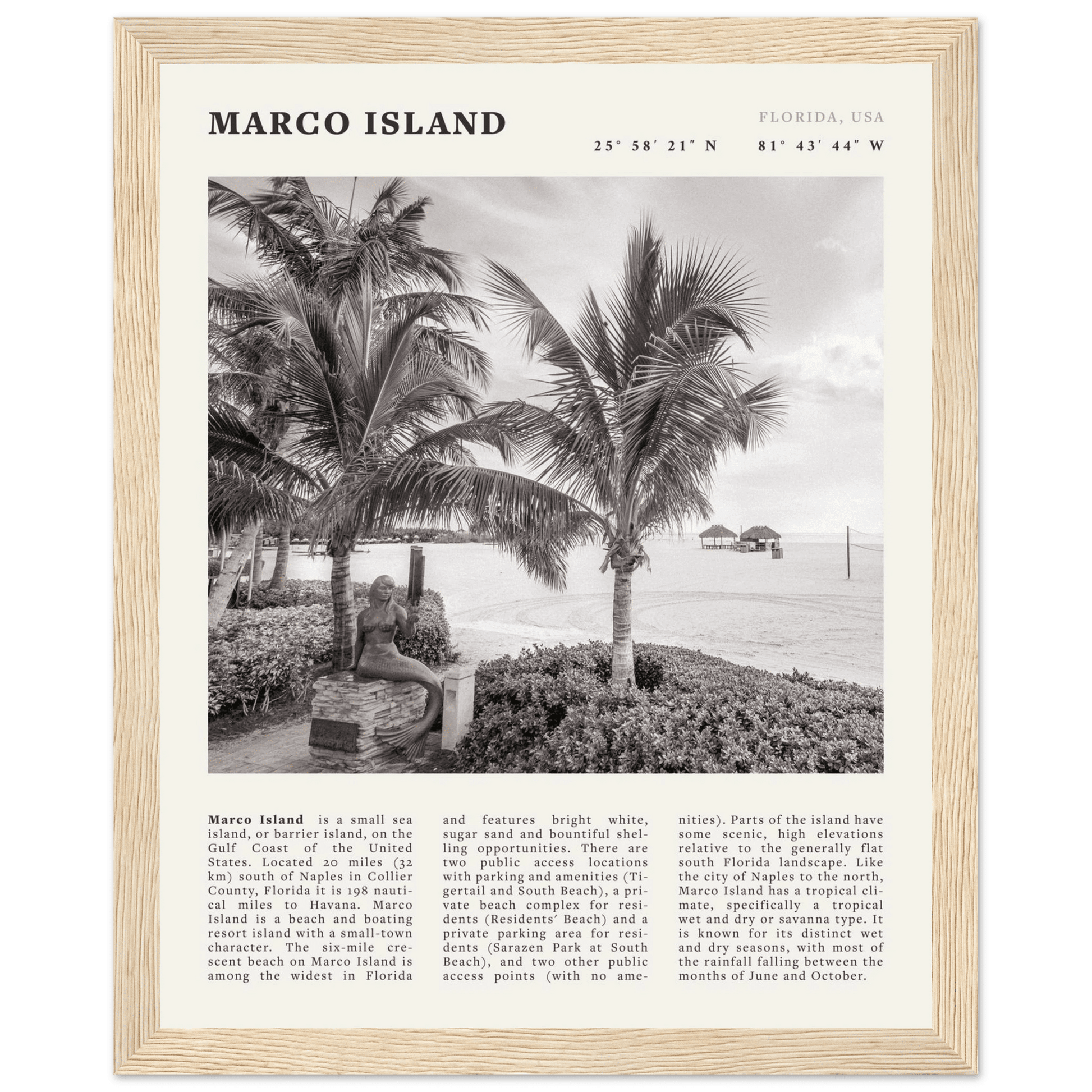 Marco Island Poster | Black & White Florida Beach Wall Art | Coastal Travel Print - Evergreen Posters