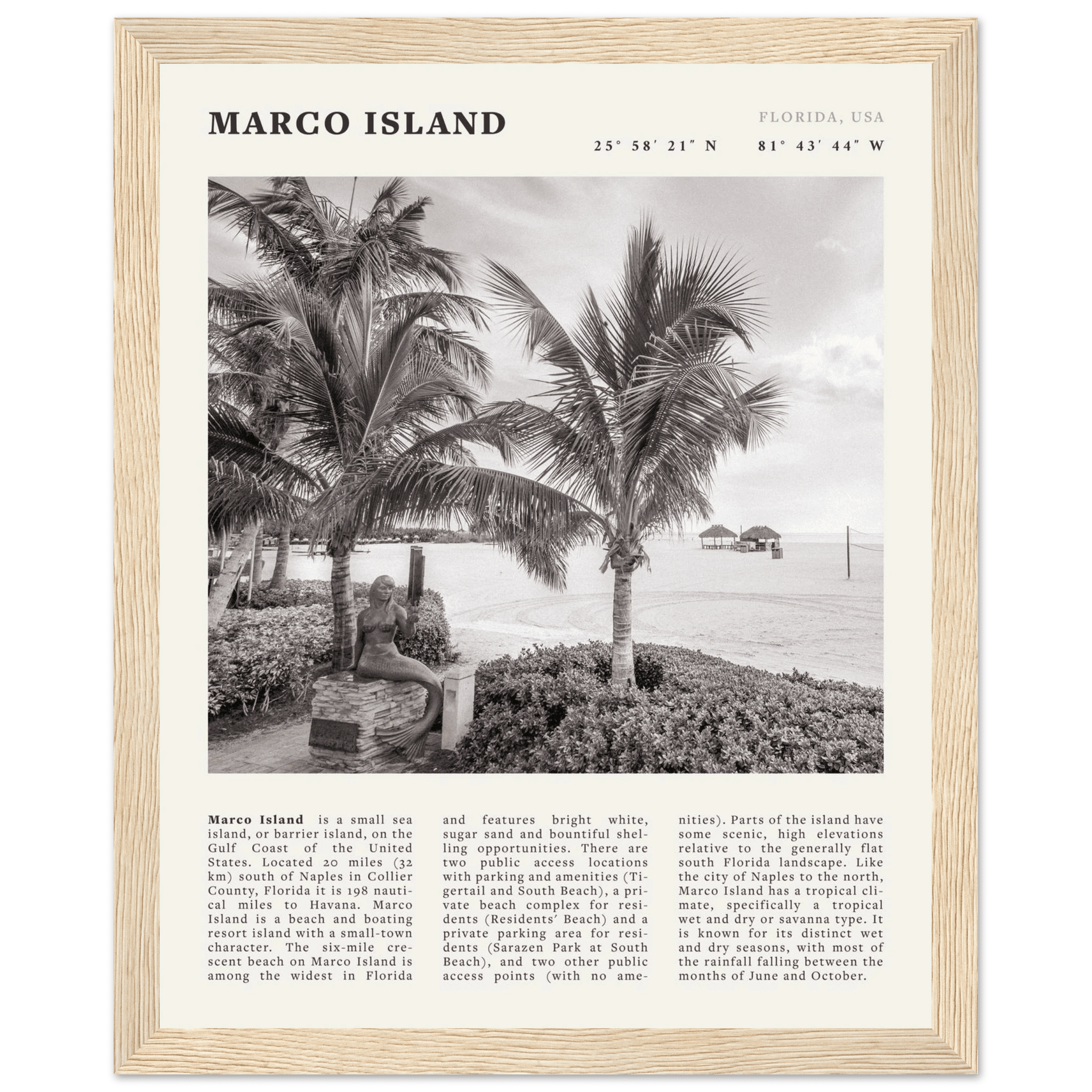 Marco Island Poster | Black & White Florida Beach Wall Art | Coastal Travel Print - Evergreen Posters