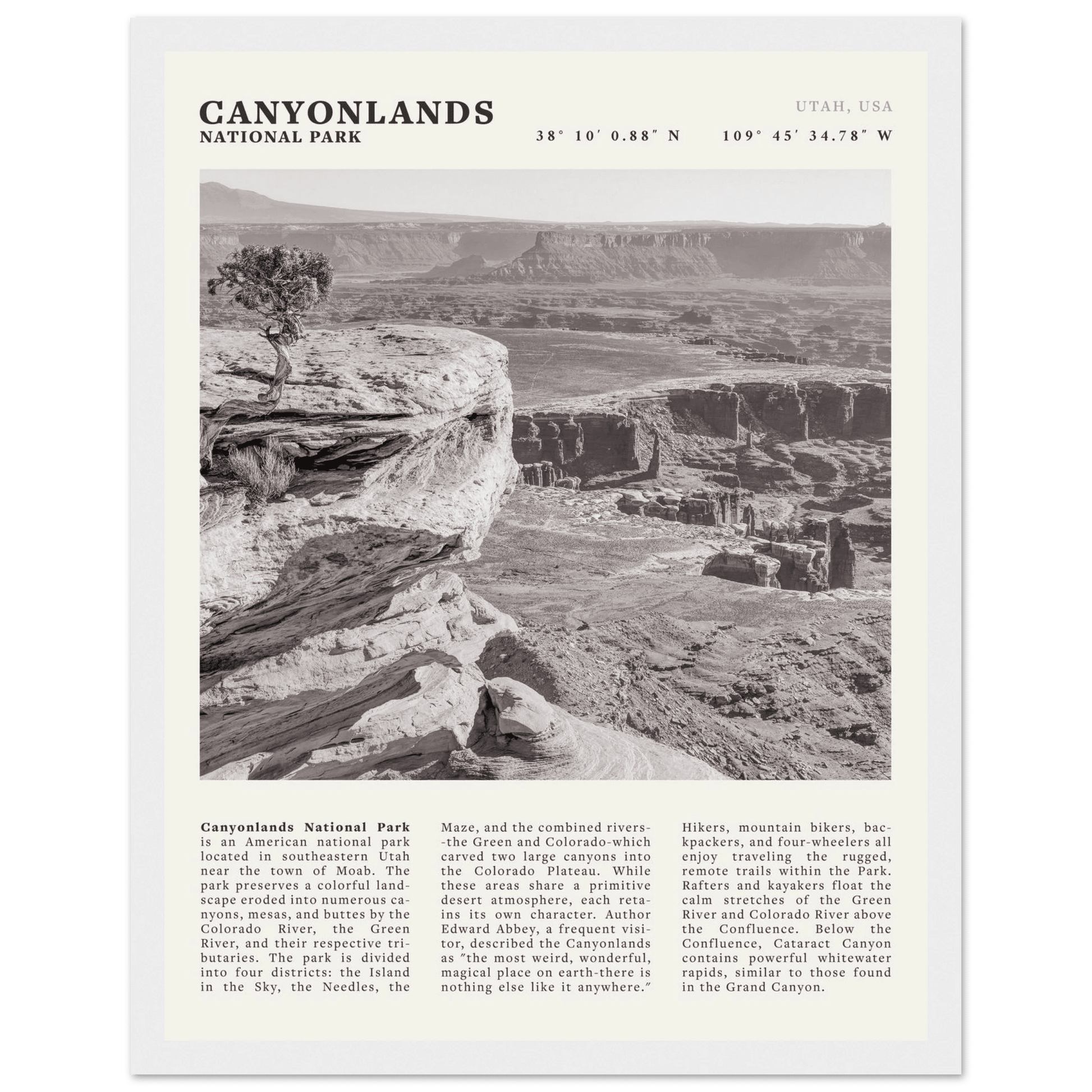 Canyonlands National Park Poster | Black & White Utah Wall Art | Canyon Travel Print - Evergreen Posters
