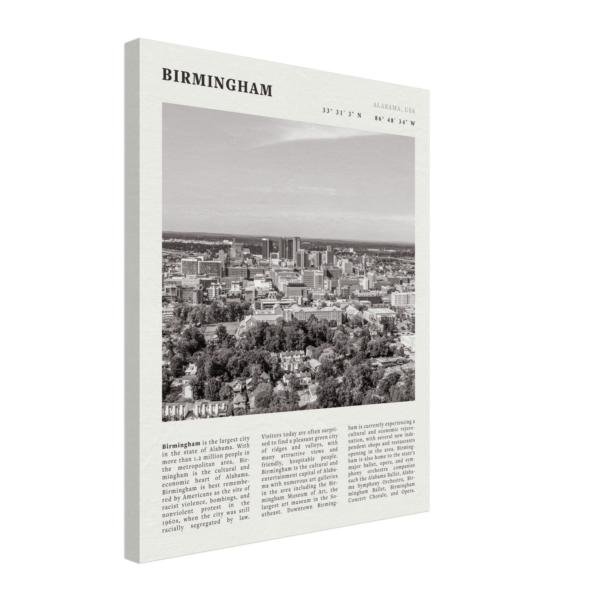 Birmingham Poster | Black & White Alabama Skyline Wall Art | AL Travel Print - Evergreen Posters