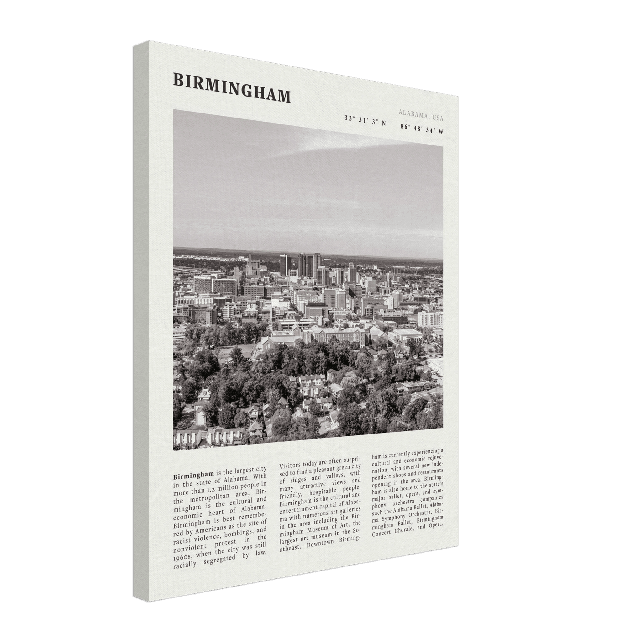 Birmingham Poster | Black & White Alabama Skyline Wall Art | AL Travel Print - Evergreen Posters