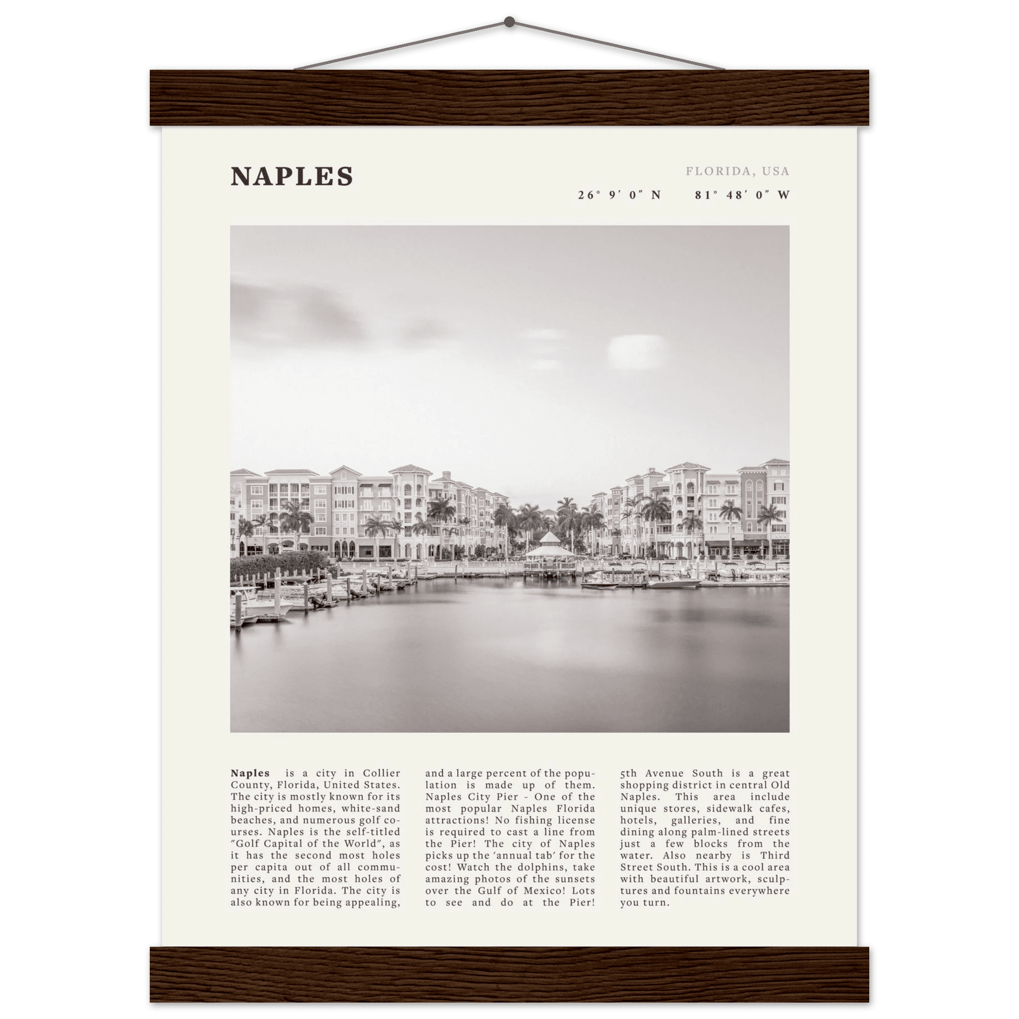 Naples Florida Poster | Black & White Gulf Coast Wall Art | FL Travel Print - Evergreen Posters