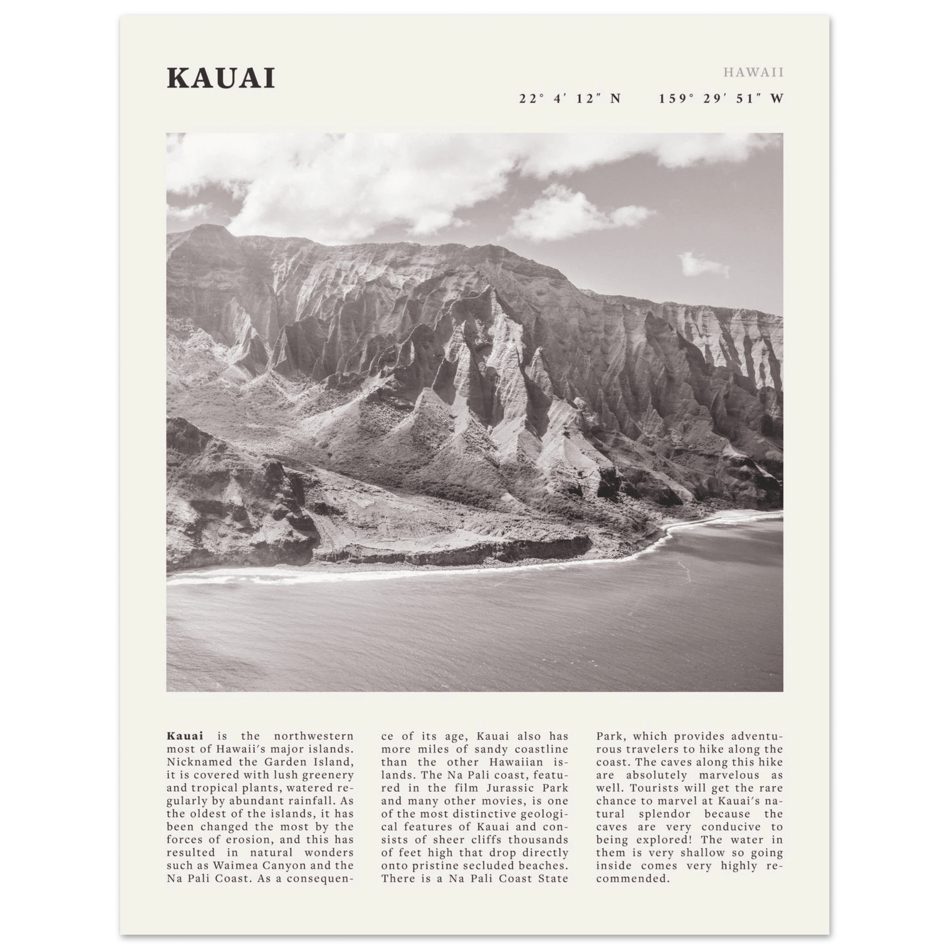 Kauai Poster | Black & White Na Pali Coast Wall Art | Hawaii Travel Print Decor - Evergreen Posters