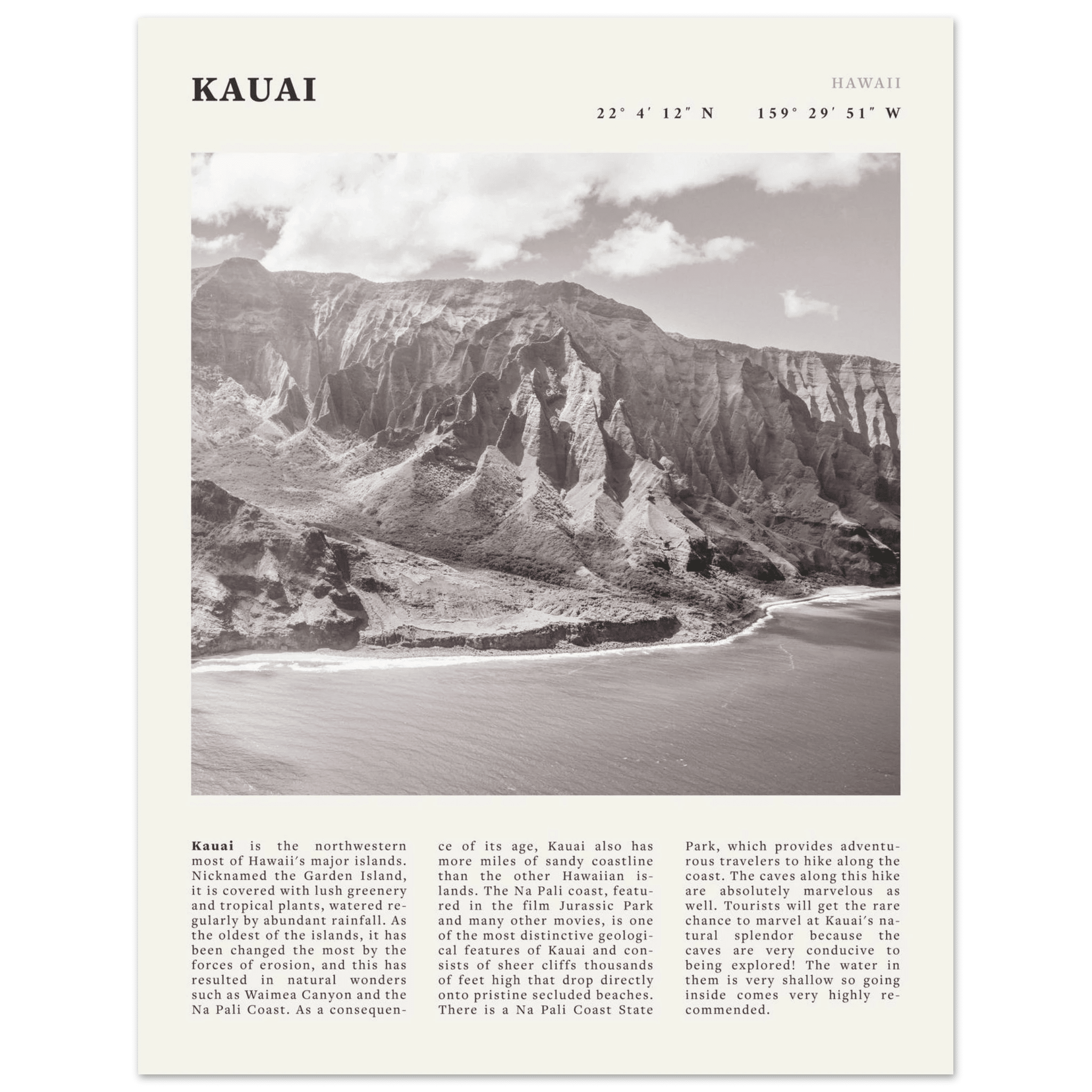 Kauai Poster | Black & White Na Pali Coast Wall Art | Hawaii Travel Print Decor - Evergreen Posters