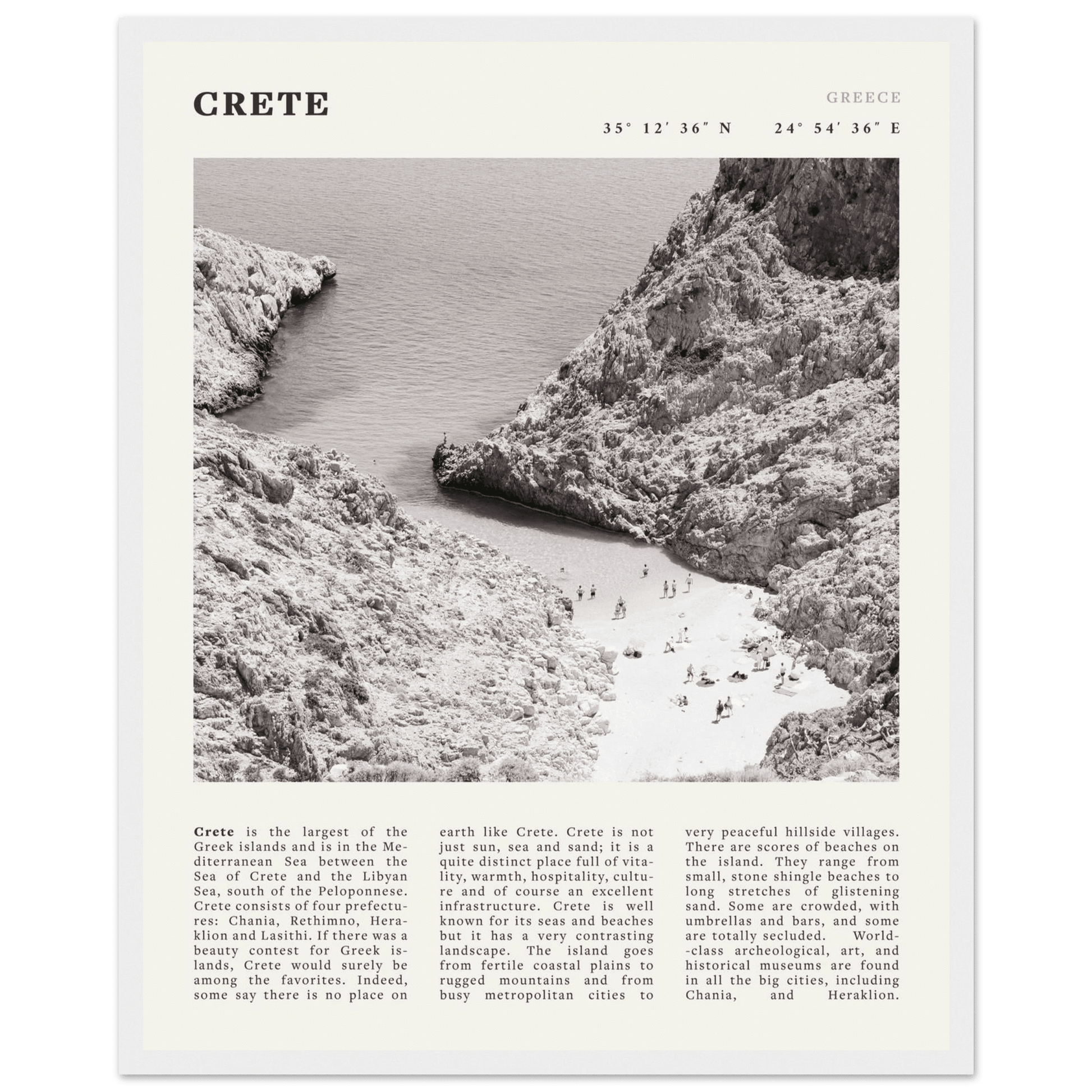 Crete Poster | Black & White Greece Beach Wall Art | Mediterranean Travel Print - Evergreen Posters
