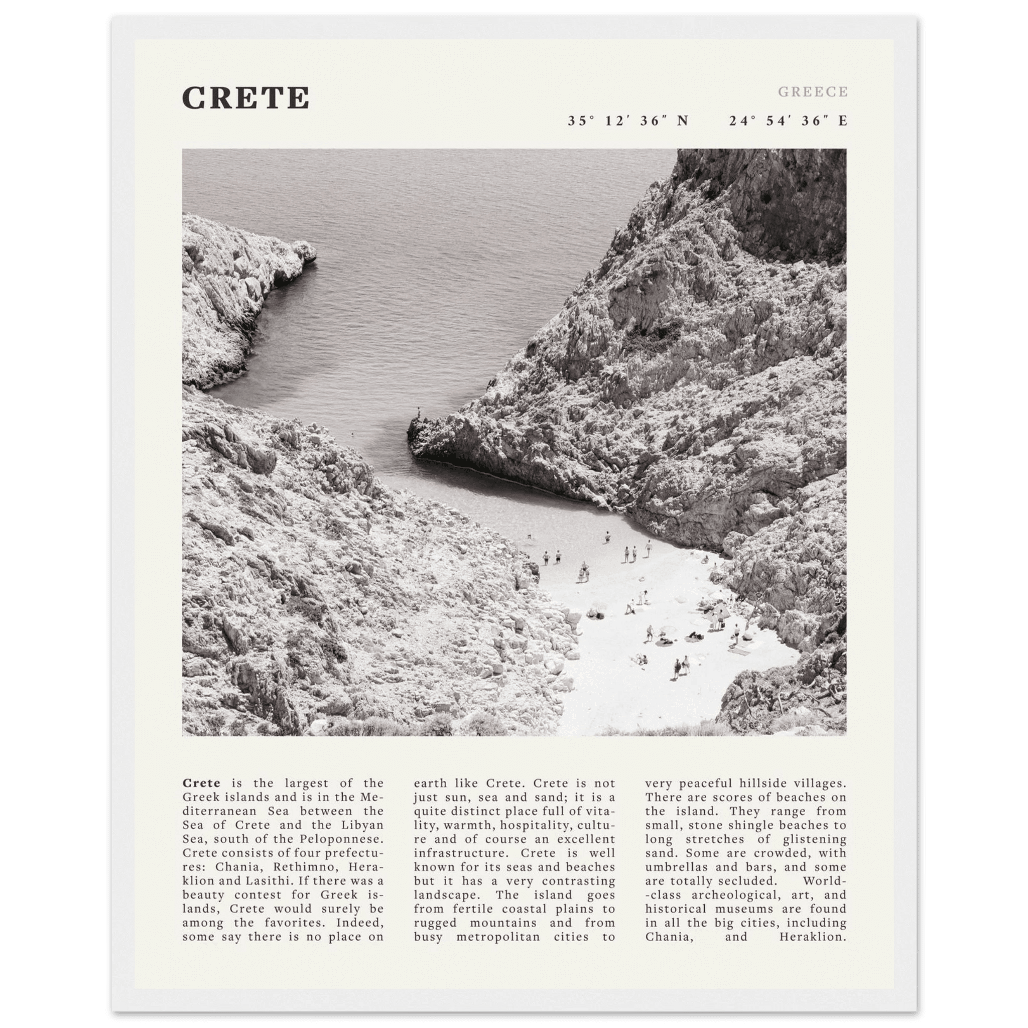 Crete Poster | Black & White Greece Beach Wall Art | Mediterranean Travel Print - Evergreen Posters