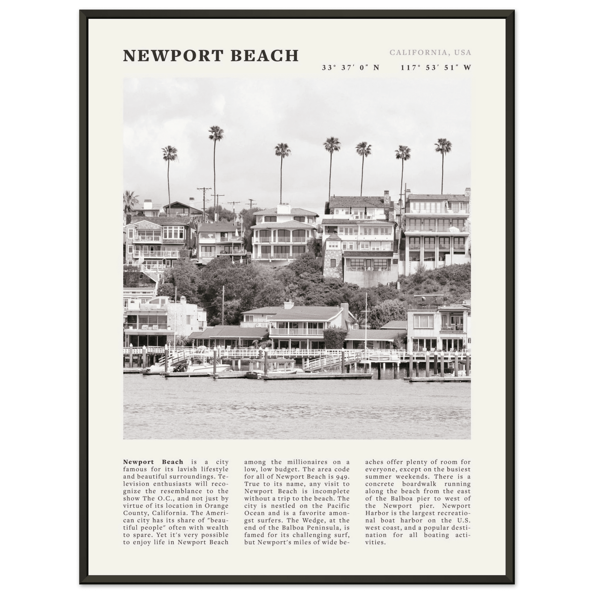 Newport Beach Poster | Black & White California Harbor Wall Art | Coastal Print - Evergreen Posters