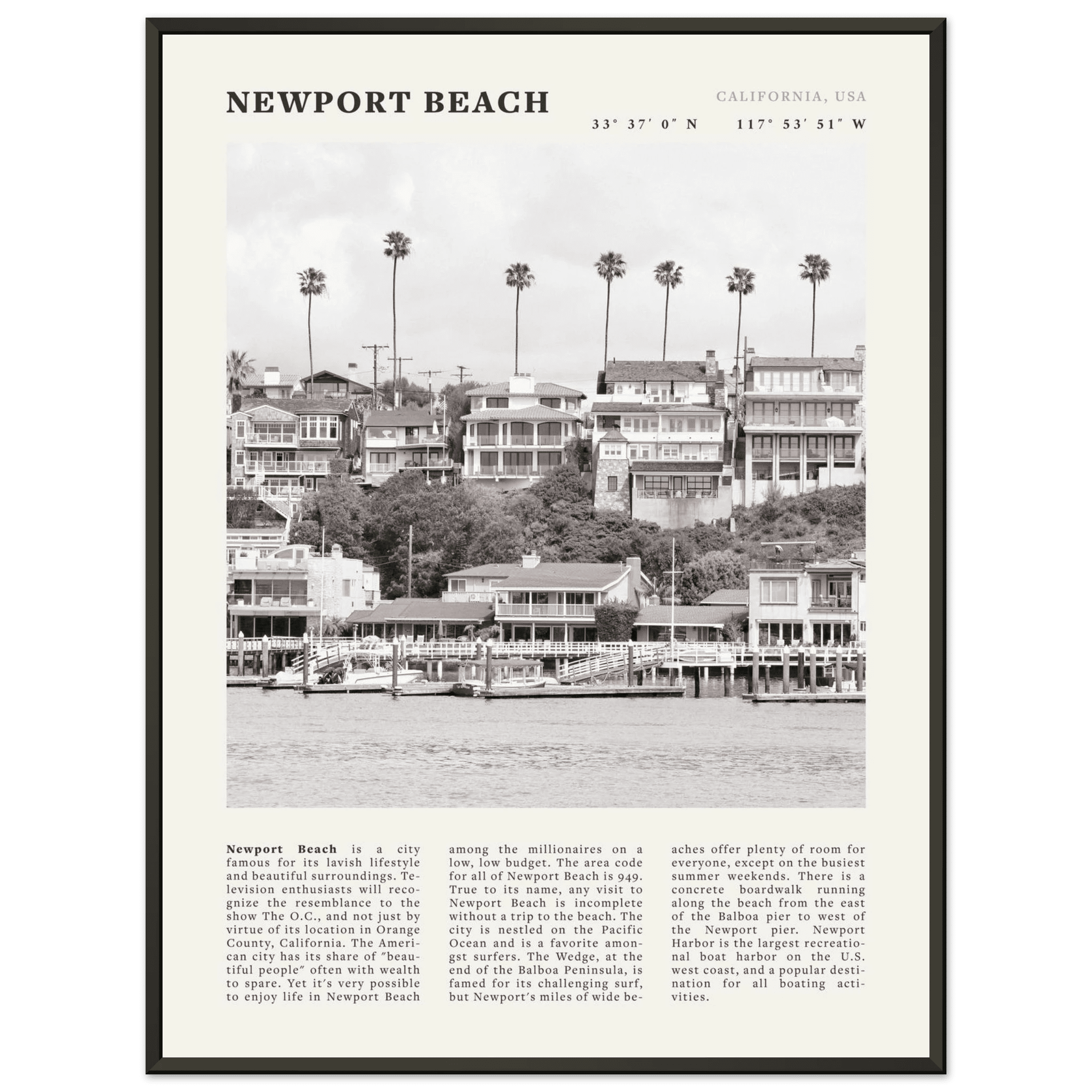 Newport Beach Poster | Black & White California Harbor Wall Art | Coastal Print - Evergreen Posters