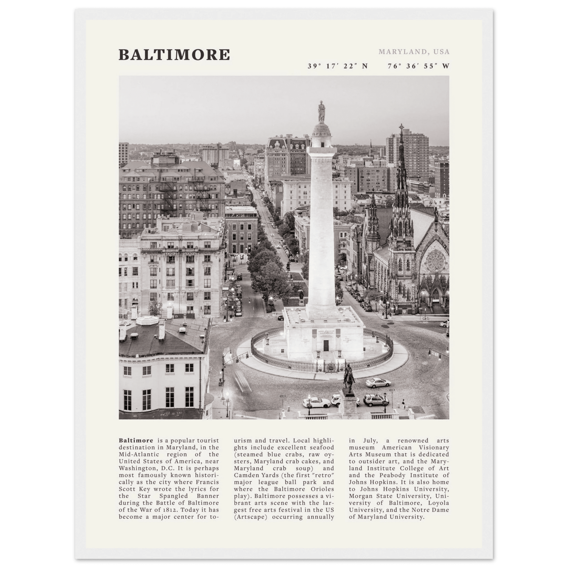 Baltimore Poster | Black & White Maryland City Wall Art | USA Travel Print - Evergreen Posters