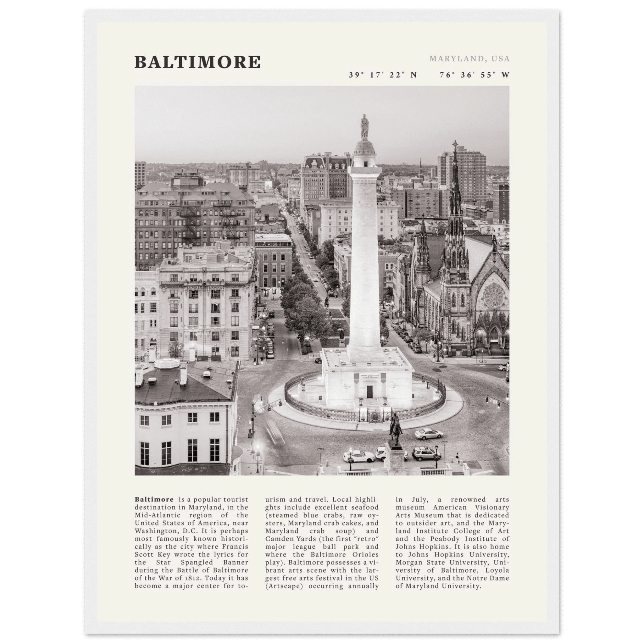 Baltimore Poster | Black & White Maryland City Wall Art | USA Travel Print - Evergreen Posters