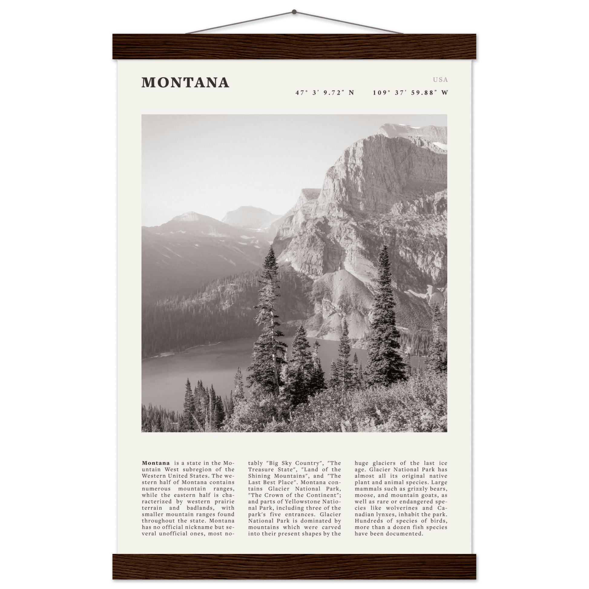 Montana Poster | Black & White Glacier National Park Wall Art | Nature Travel Print - Evergreen Posters
