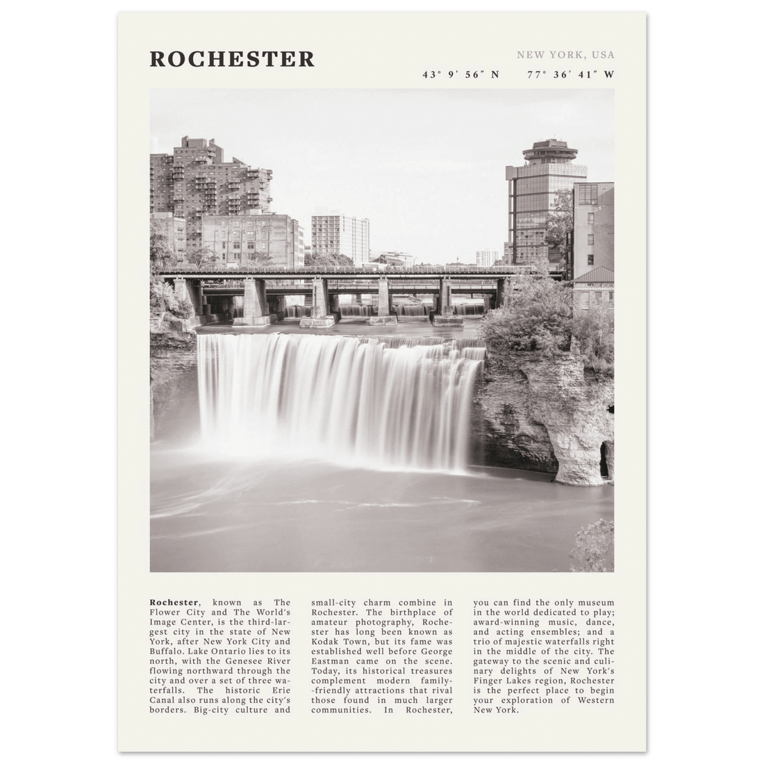 Rochester Poster | Black & White High Falls Wall Art | New York Travel Print - Evergreen Posters