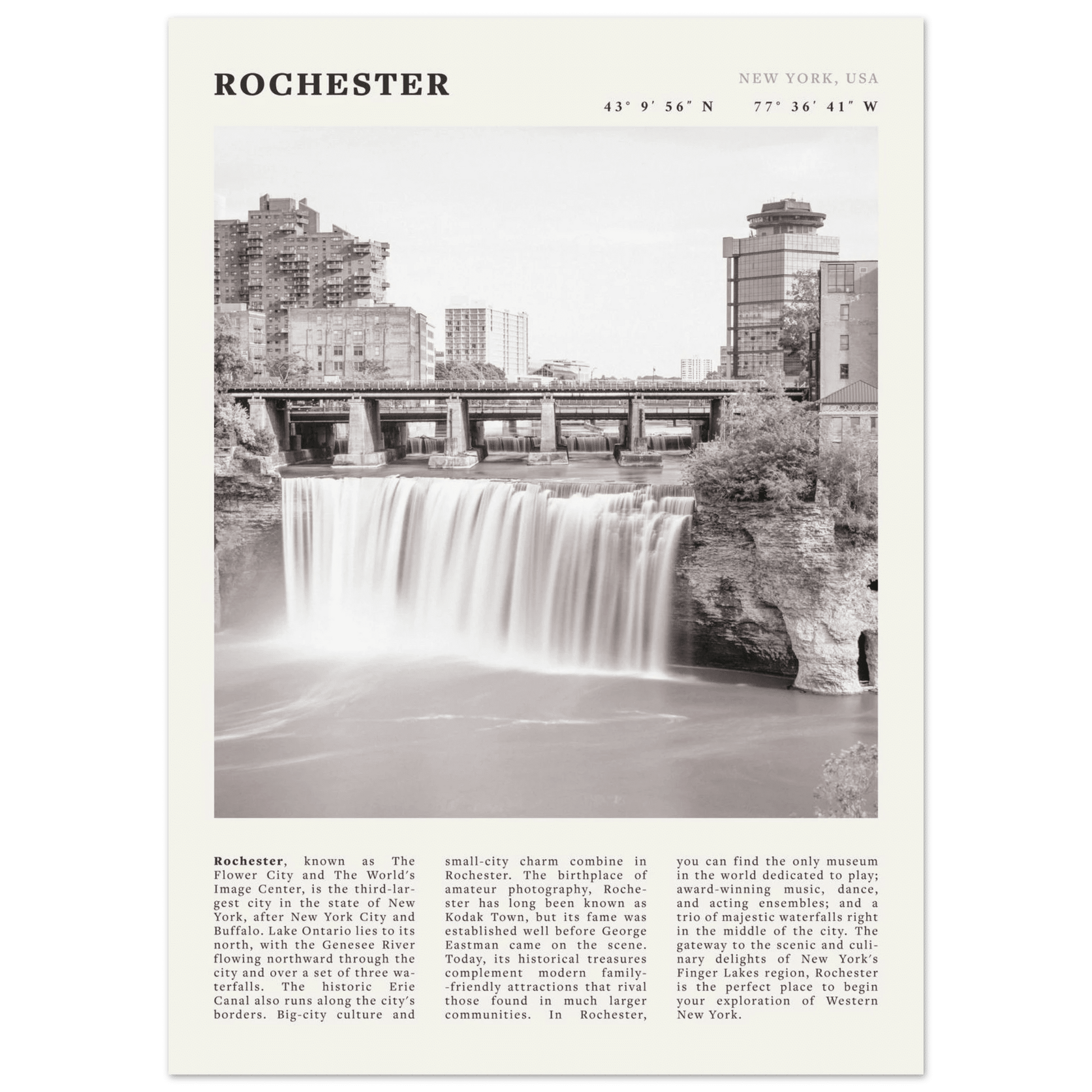 Rochester Poster | Black & White High Falls Wall Art | New York Travel Print - Evergreen Posters