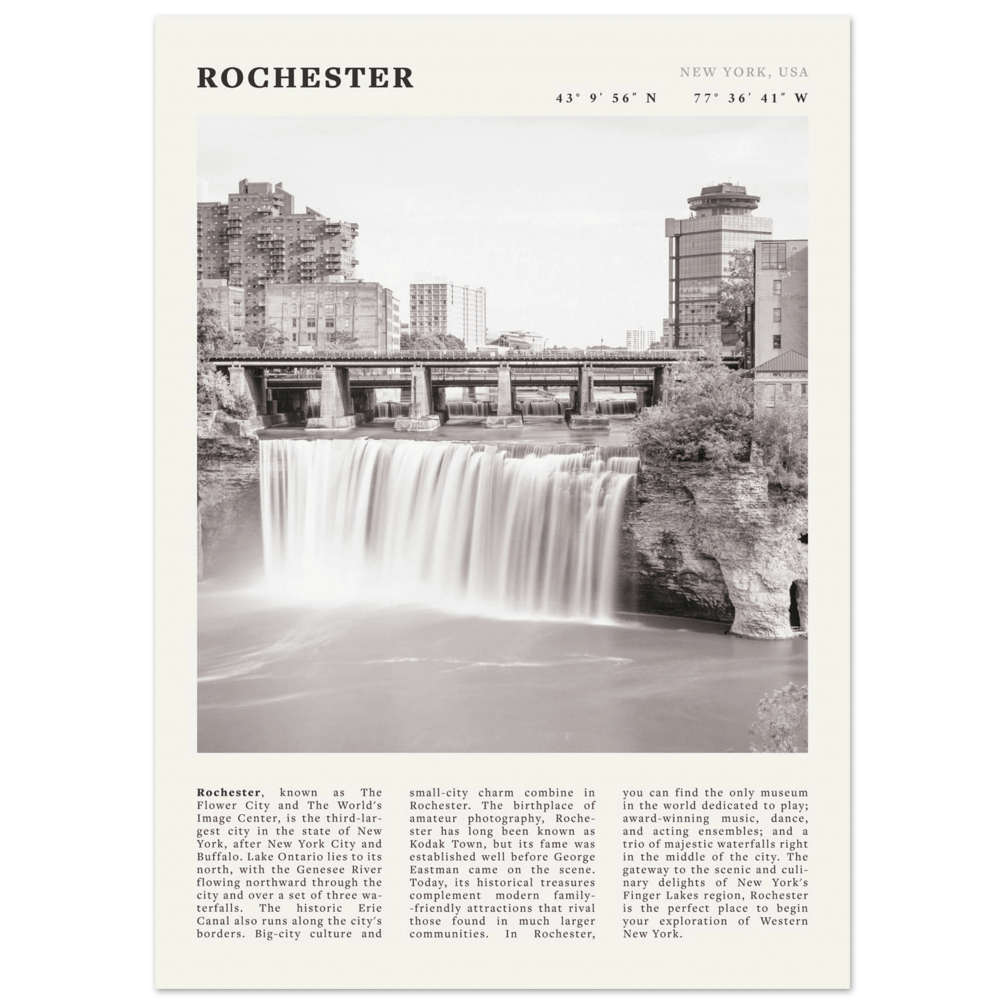 Rochester Poster | Black & White High Falls Wall Art | New York Travel Print - Evergreen Posters