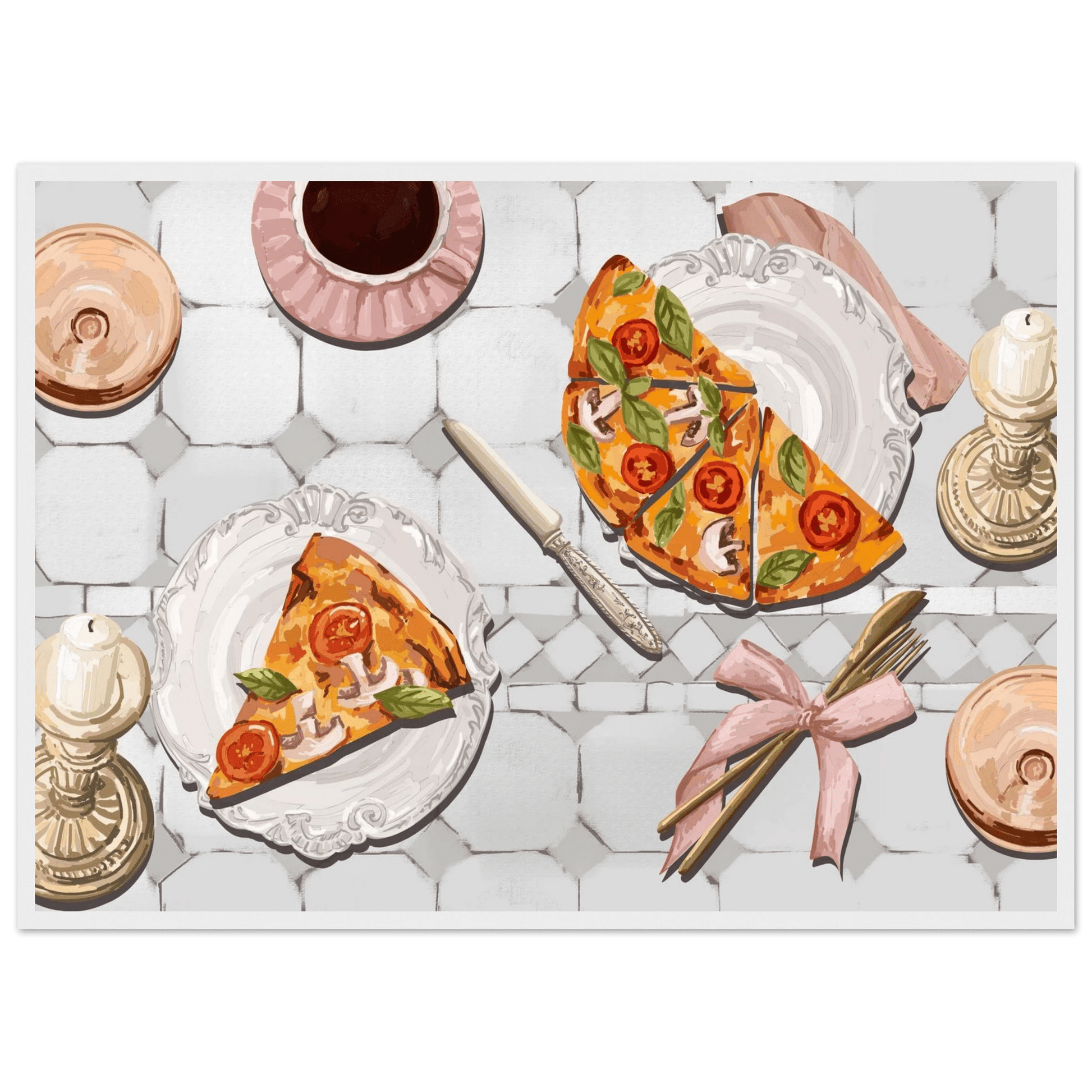 Pizza & Tea Kitchen Poster | Horizontal Food Wall Art | Italian Dining Room Print - Evergreen Posters