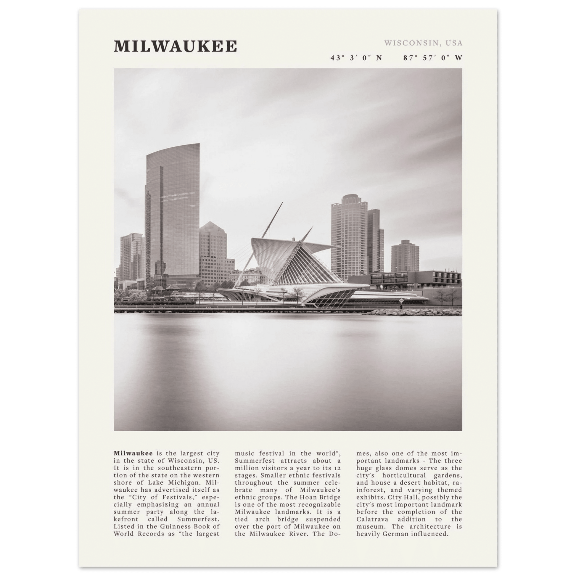 Milwaukee Poster | Black & White Wisconsin City Wall Art | USA Travel Print - Evergreen Posters