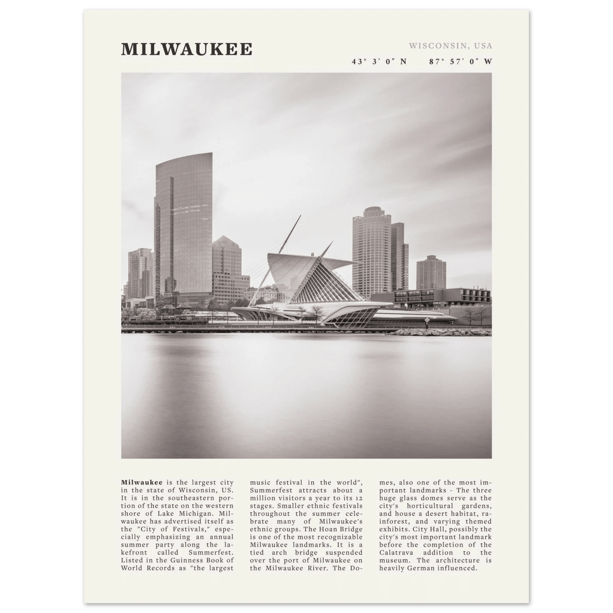 Milwaukee Poster | Black & White Wisconsin City Wall Art | USA Travel Print - Evergreen Posters