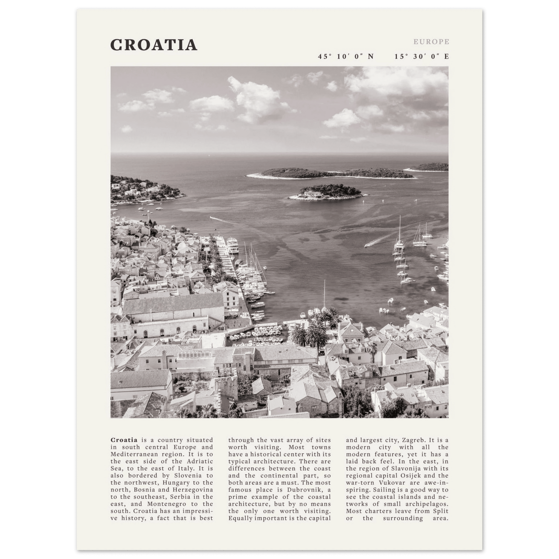 Croatia Poster | Black & White Hvar Island Wall Art | Adriatic Travel Print Decor - Evergreen Posters