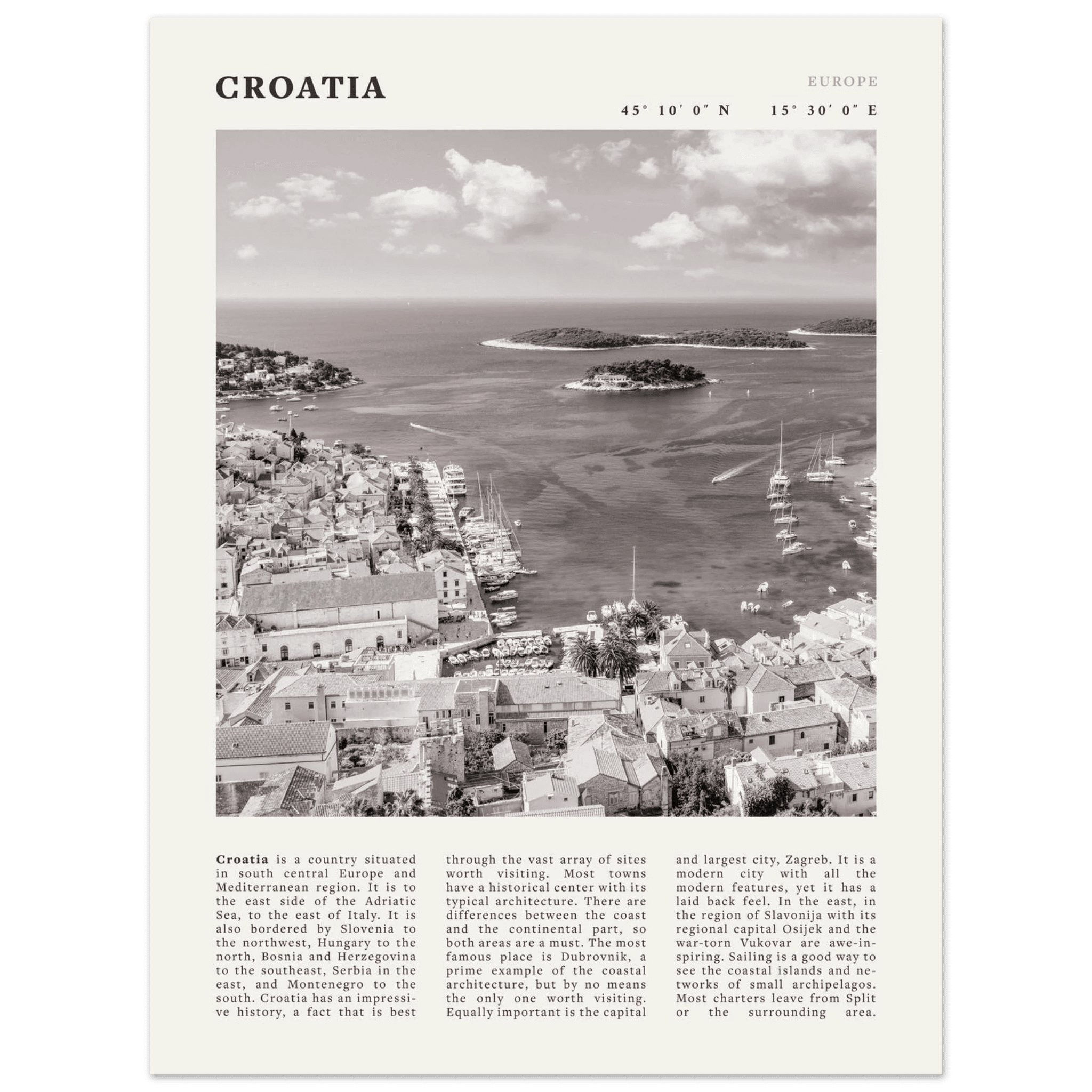 Croatia Poster | Black & White Hvar Island Wall Art | Adriatic Travel Print Decor - Evergreen Posters