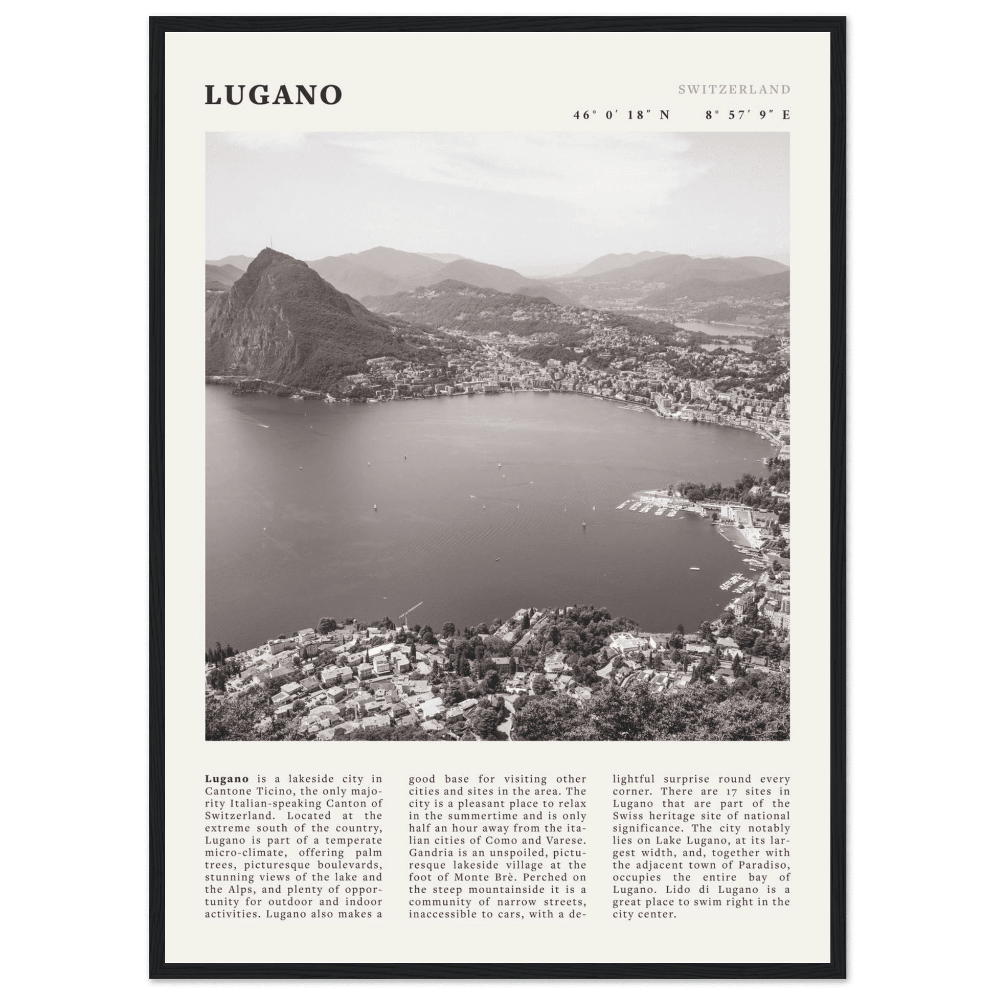 Lugano Poster | Black & White Swiss Lake Wall Art | Switzerland Travel Print - Evergreen Posters