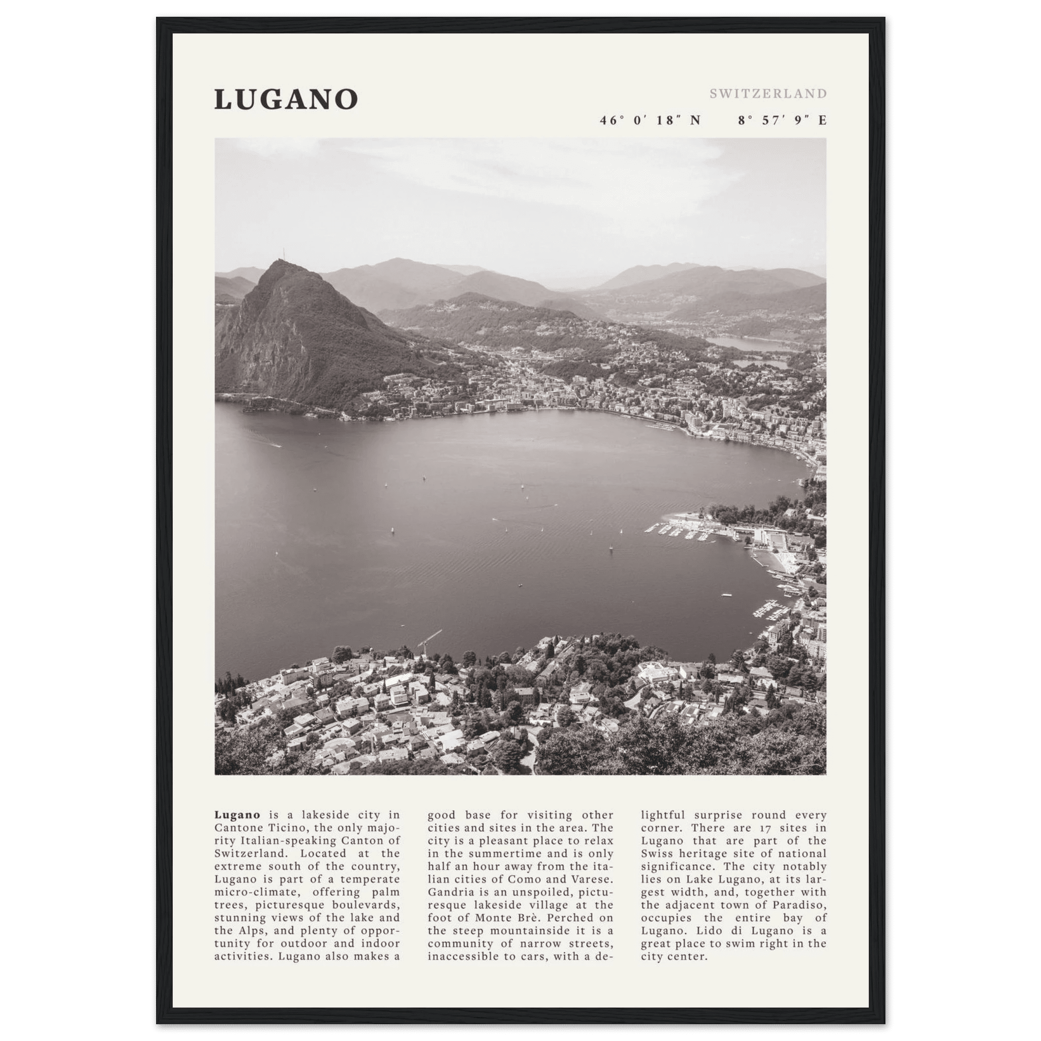 Lugano Poster | Black & White Swiss Lake Wall Art | Switzerland Travel Print - Evergreen Posters