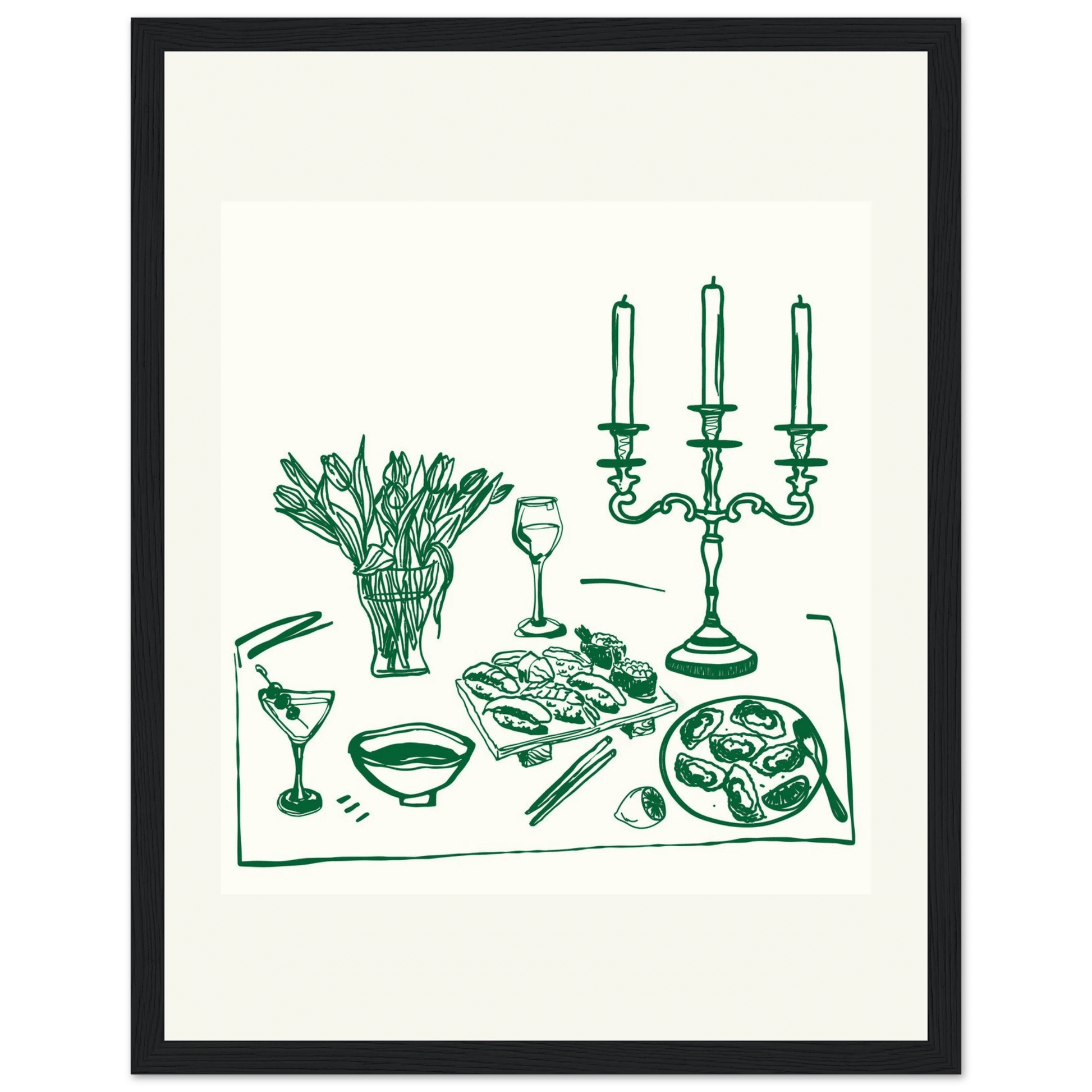 Fine Dining Table Print | Green Line Art Kitchen Wall Art | Elegant Dining Room Poster - Evergreen Posters
