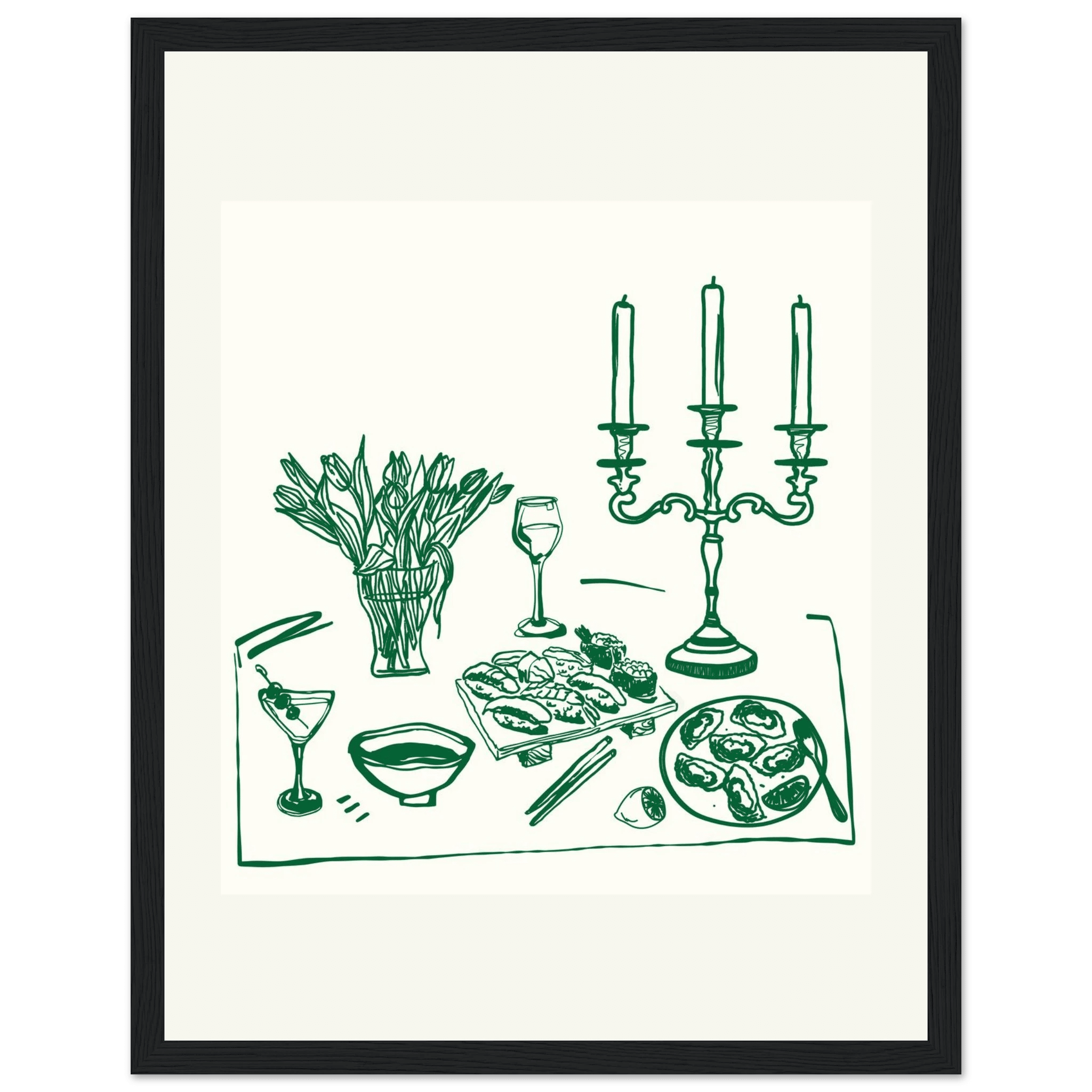 Fine Dining Table Print | Green Line Art Kitchen Wall Art | Elegant Dining Room Poster - Evergreen Posters