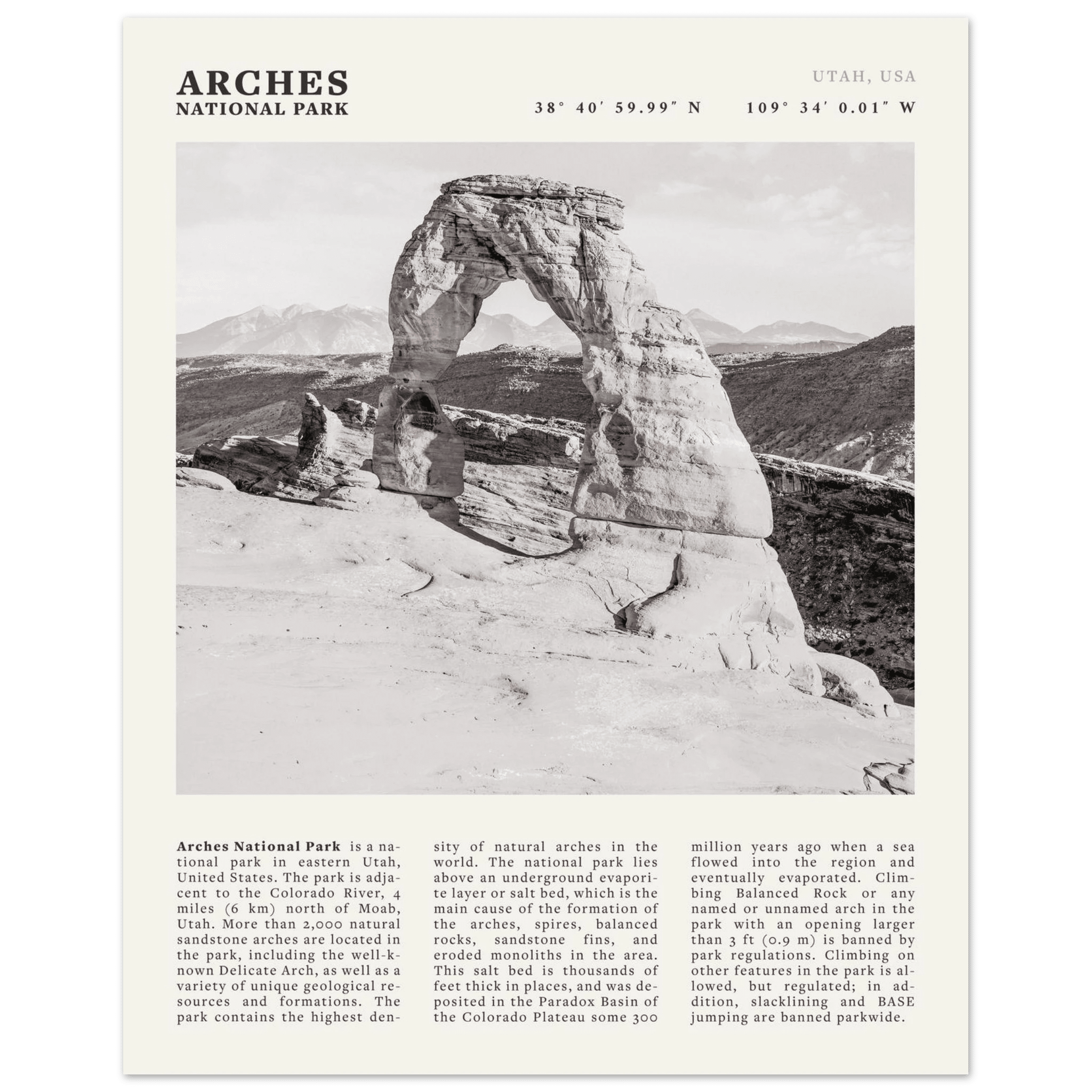 Arches National Park Poster | Black & White Utah Wall Art | Delicate Arch Print - Evergreen Posters