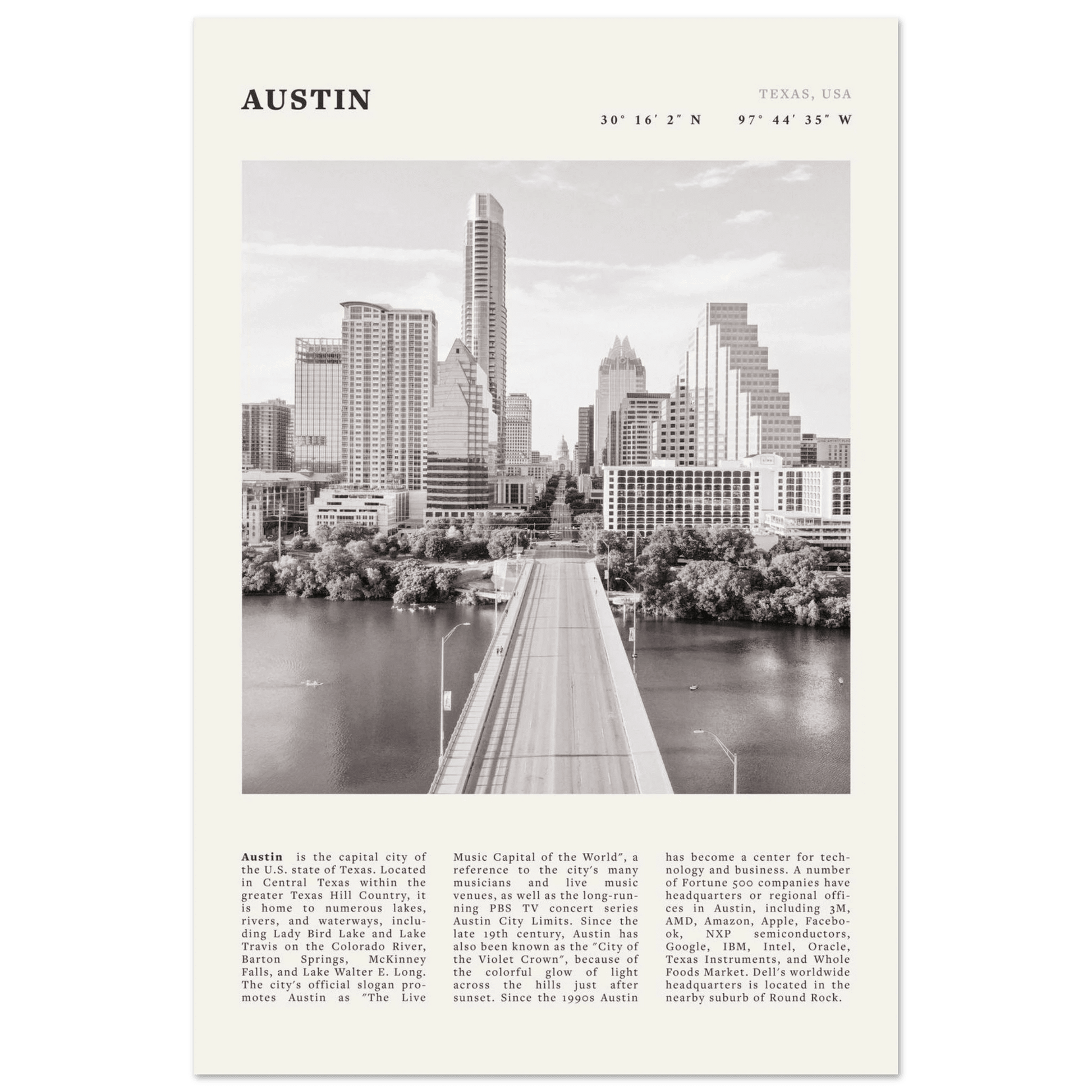 Austin Poster | Black & White Texas Skyline Wall Art | City Travel Print Decor - Evergreen Posters
