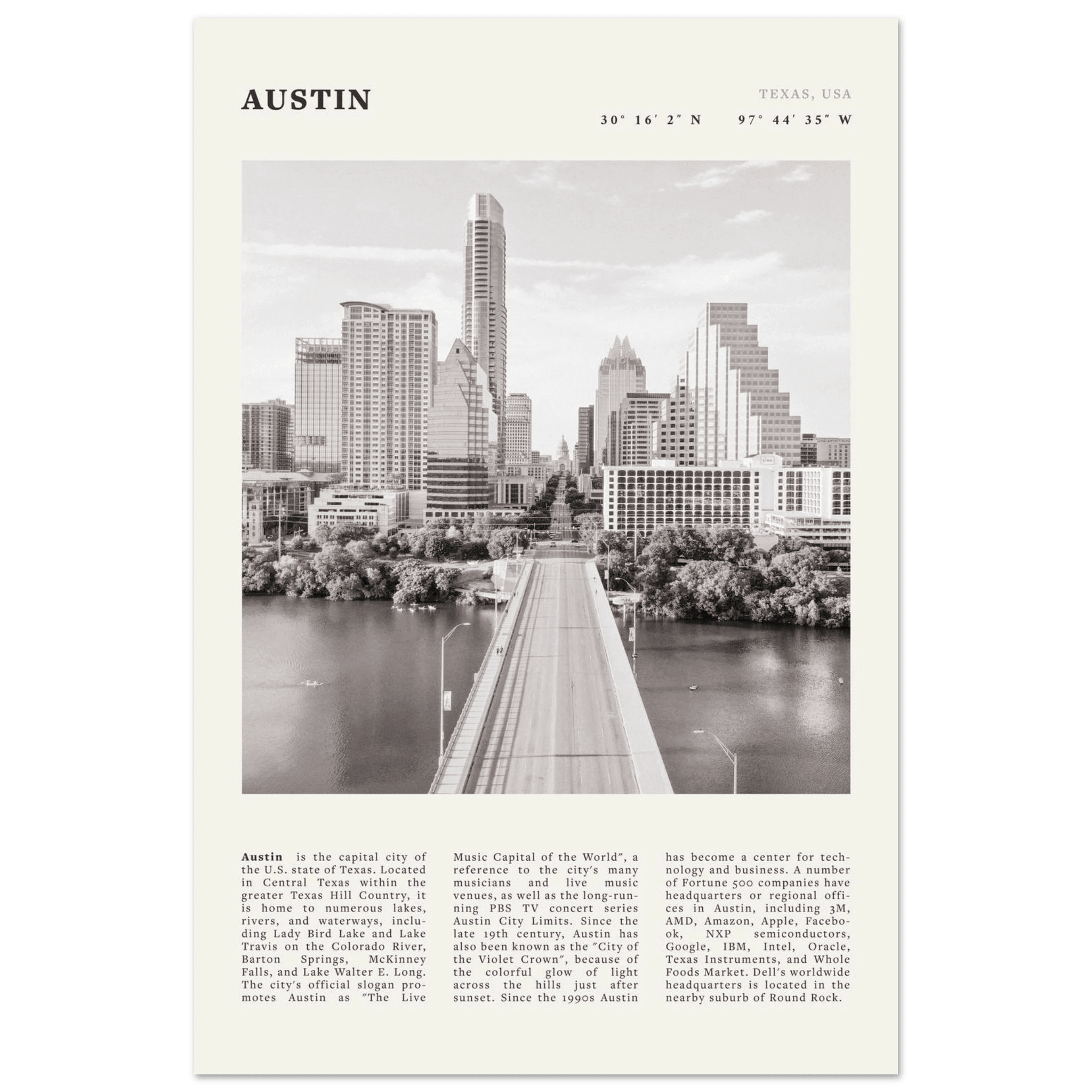 Austin Poster | Black & White Texas Skyline Wall Art | City Travel Print Decor - Evergreen Posters