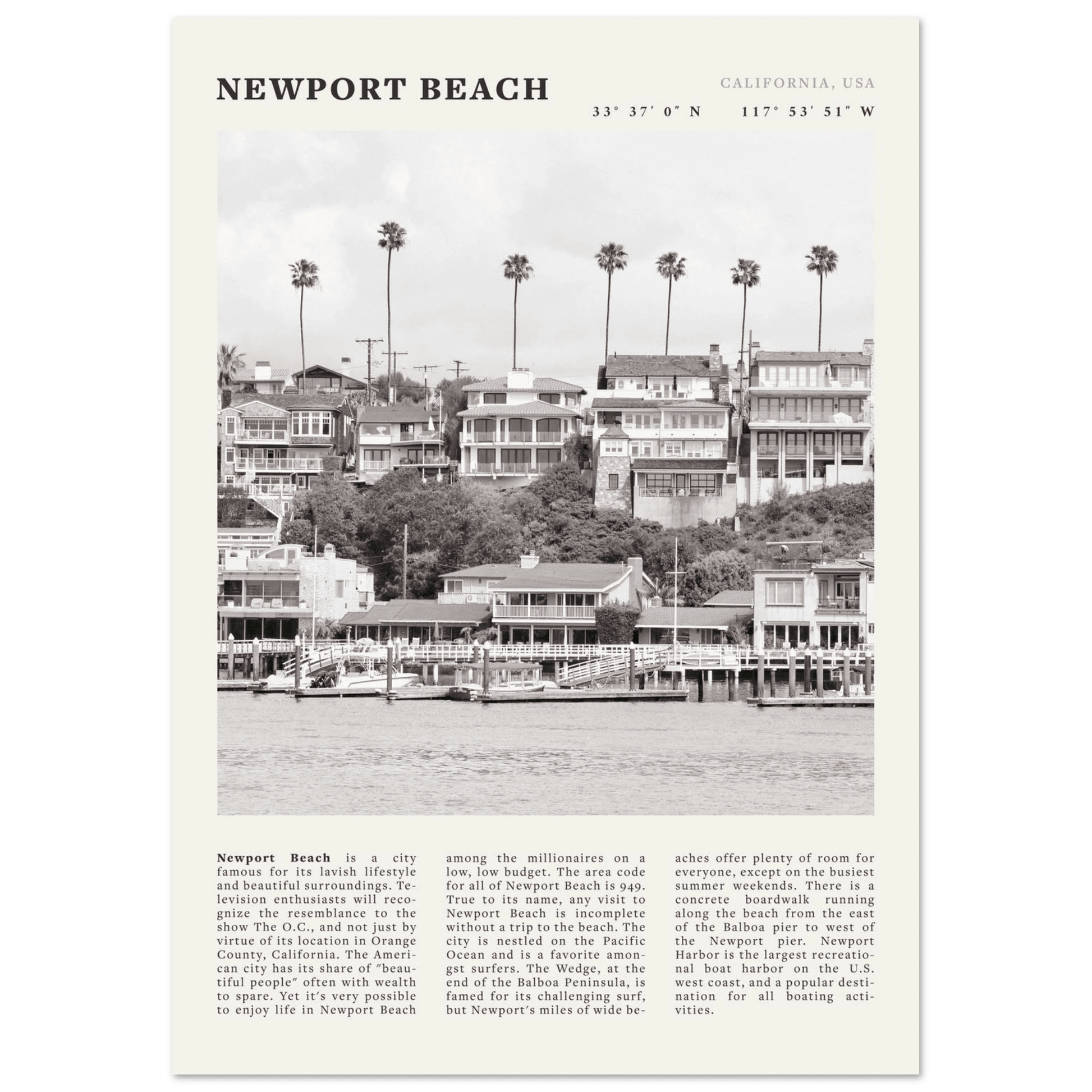 Newport Beach Poster | Black & White California Harbor Wall Art | Coastal Print - Evergreen Posters