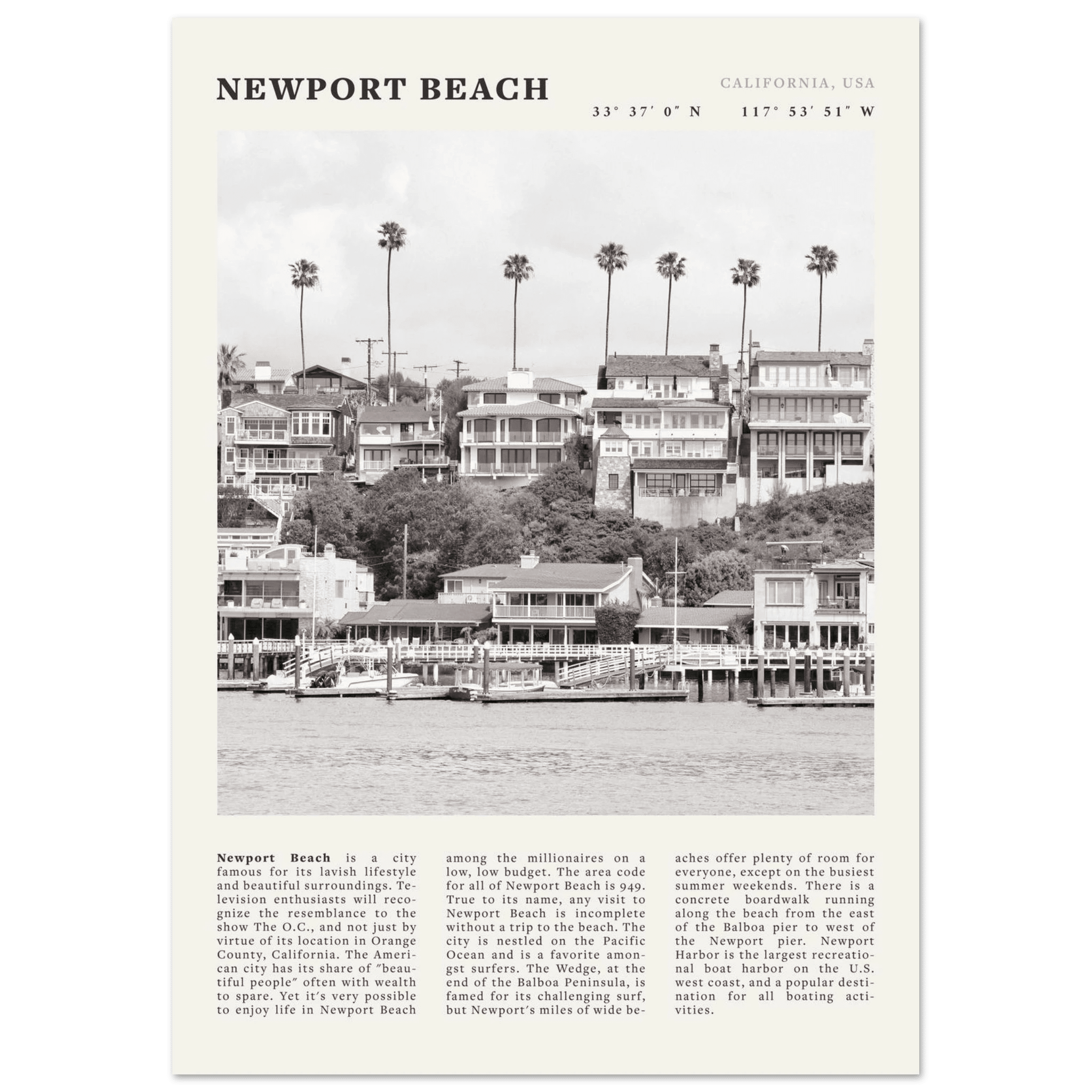 Newport Beach Poster | Black & White California Harbor Wall Art | Coastal Print - Evergreen Posters