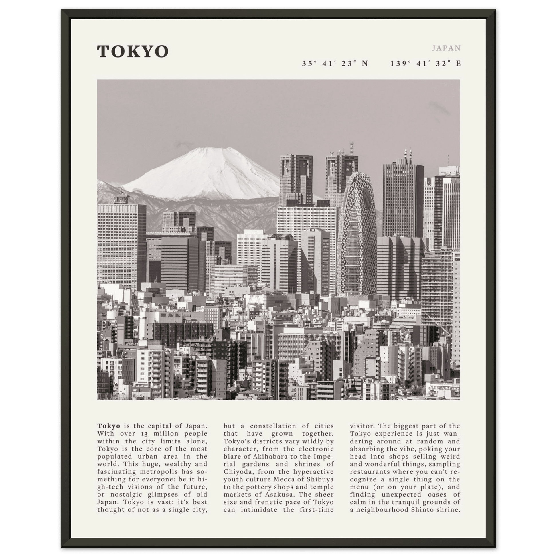 Tokyo Poster | Black & White Mount Fuji Skyline Wall Art | Japan Travel Print - Evergreen Posters