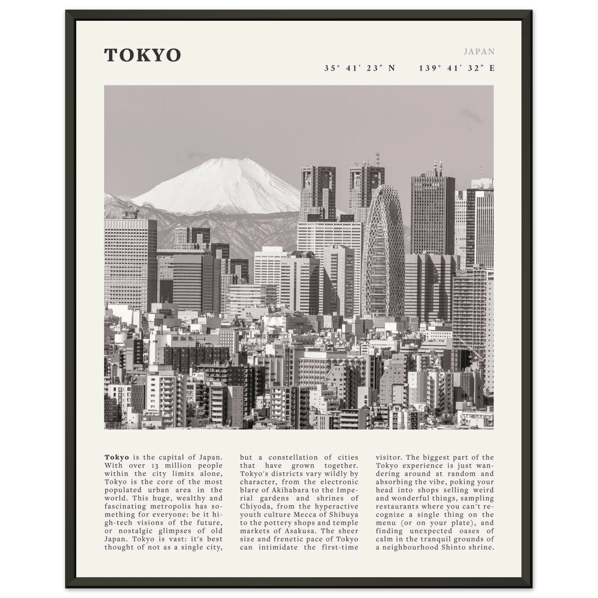 Tokyo Poster | Black & White Mount Fuji Skyline Wall Art | Japan Travel Print - Evergreen Posters