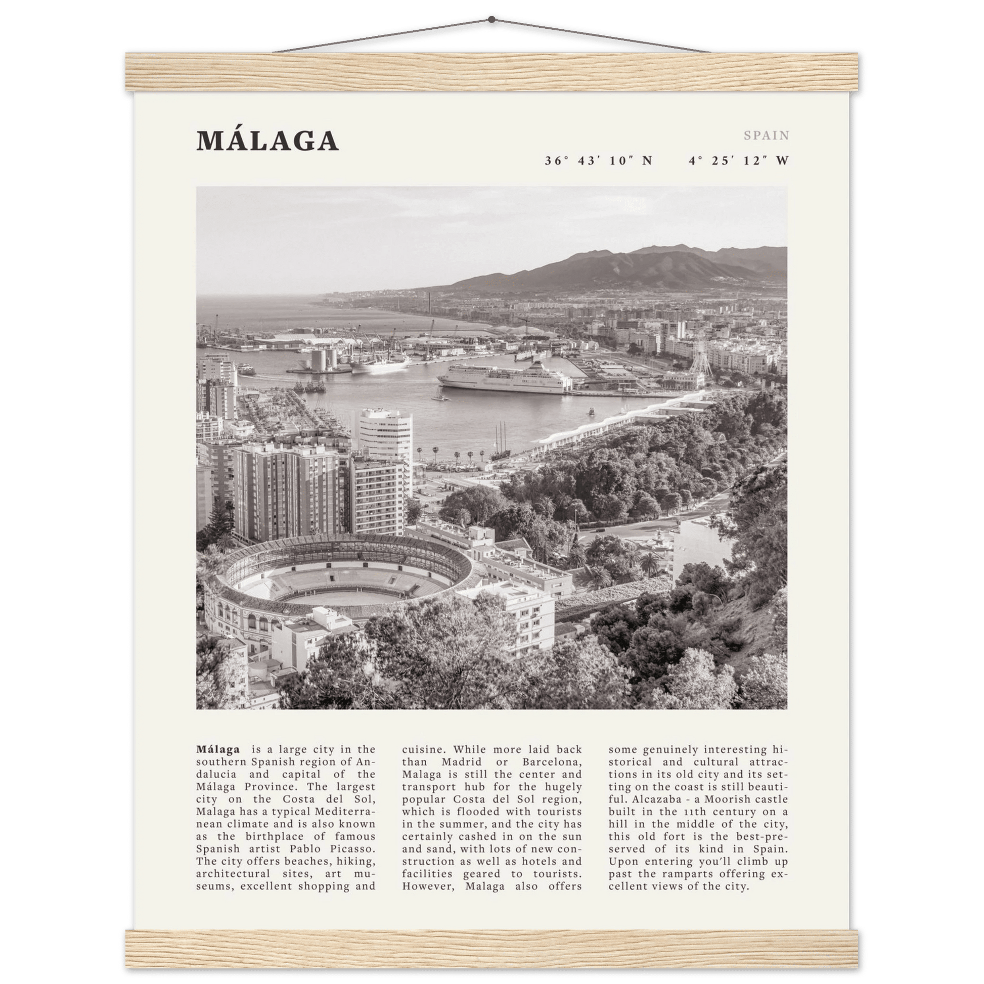 Málaga Poster | Black & White Costa del Sol Wall Art | Spain Travel Print - Evergreen Posters