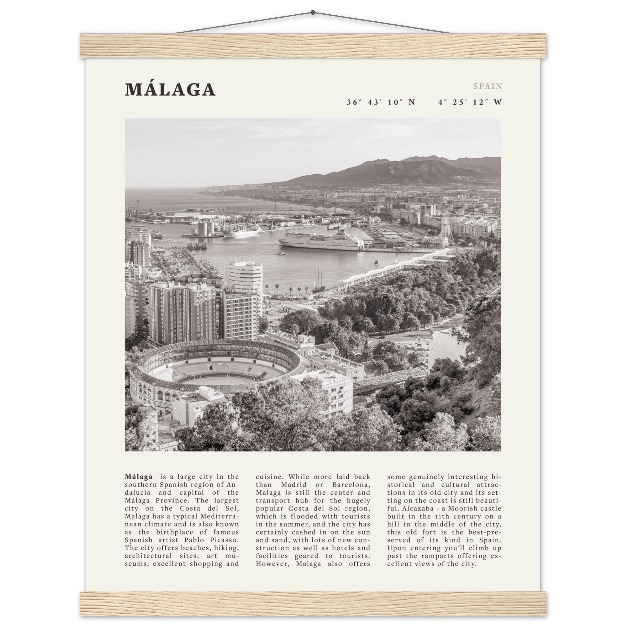 Málaga Poster | Black & White Costa del Sol Wall Art | Spain Travel Print - Evergreen Posters