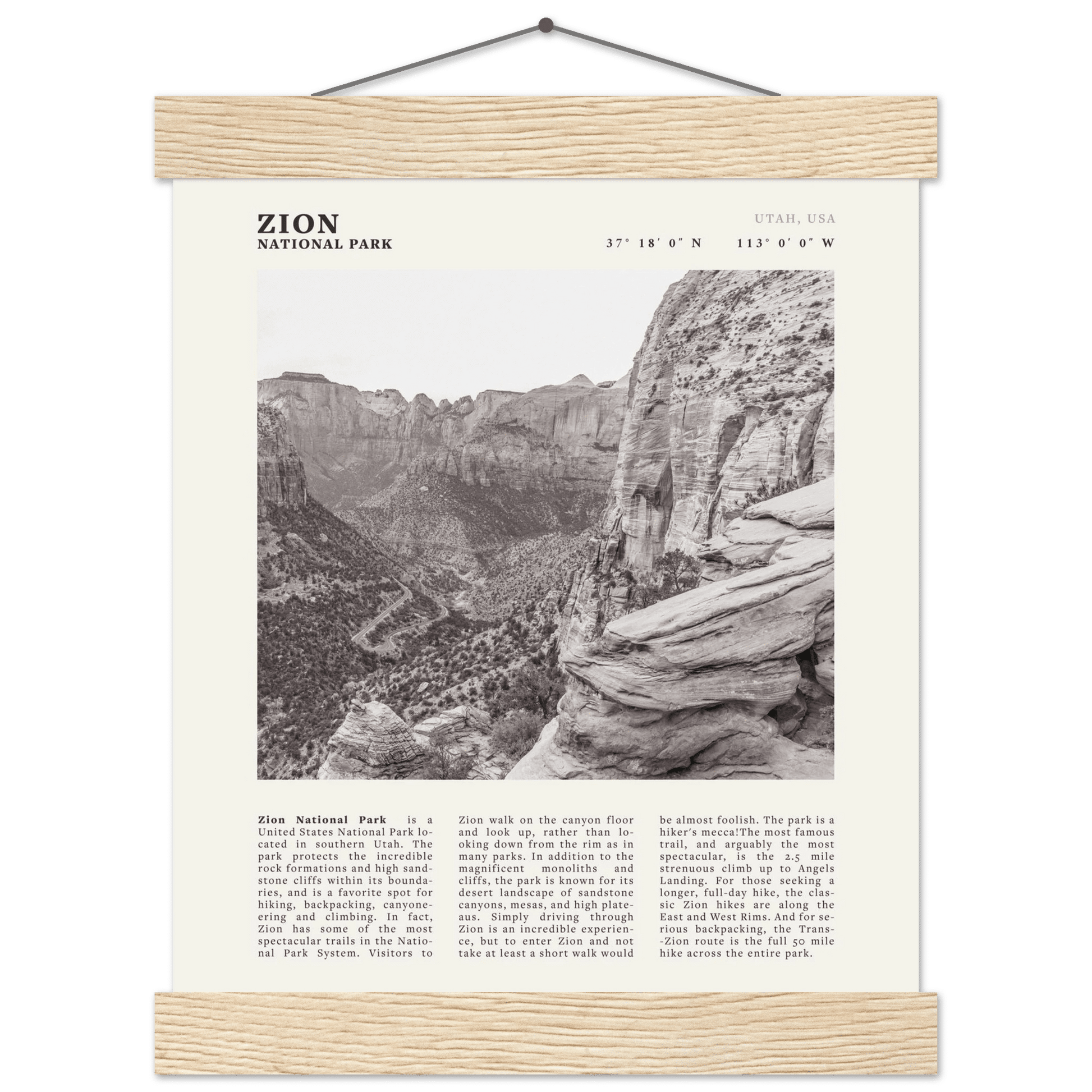 Zion National Park Poster | Black & White Utah Canyon Wall Art | USA Travel Print - Evergreen Posters