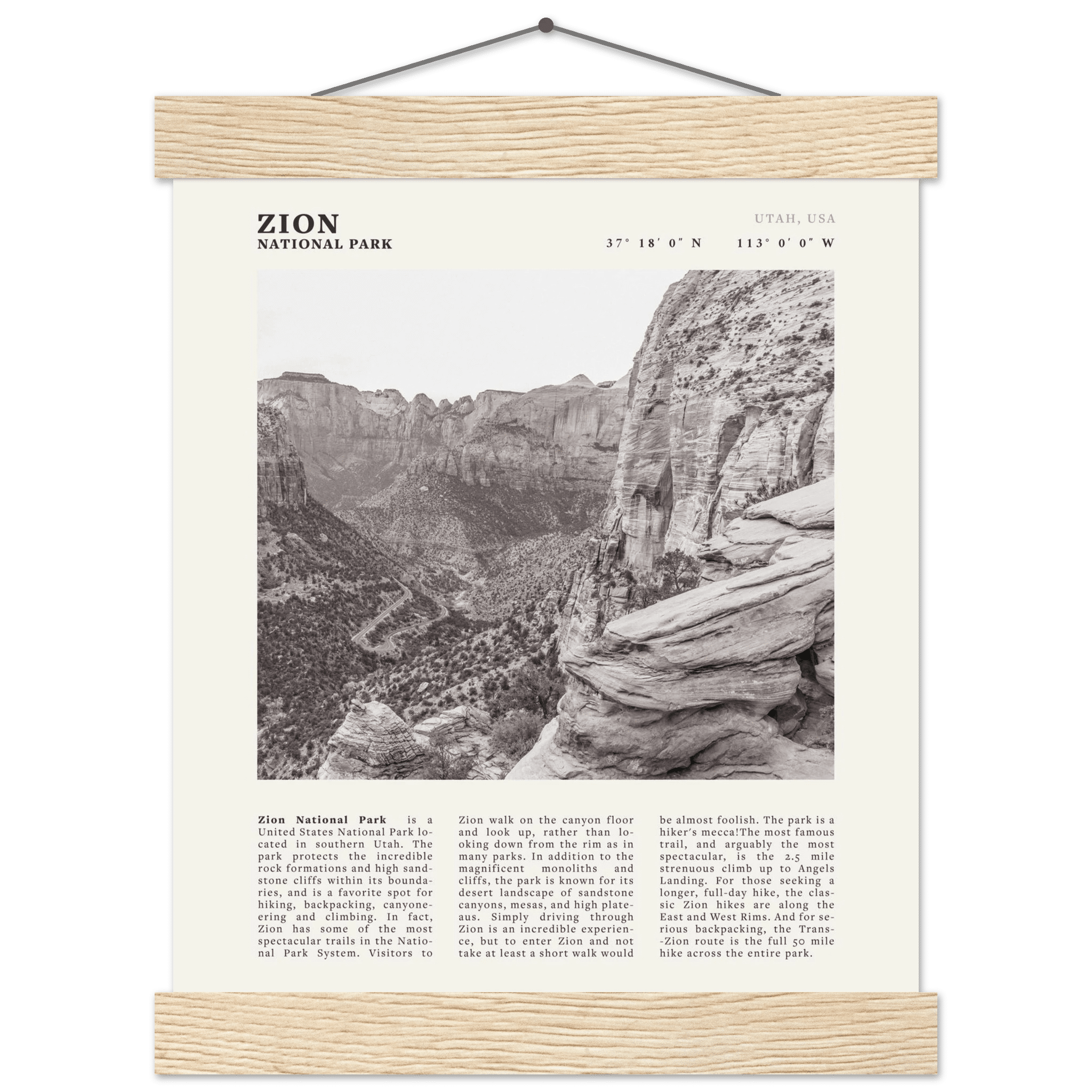 Zion National Park Poster | Black & White Utah Canyon Wall Art | USA Travel Print - Evergreen Posters